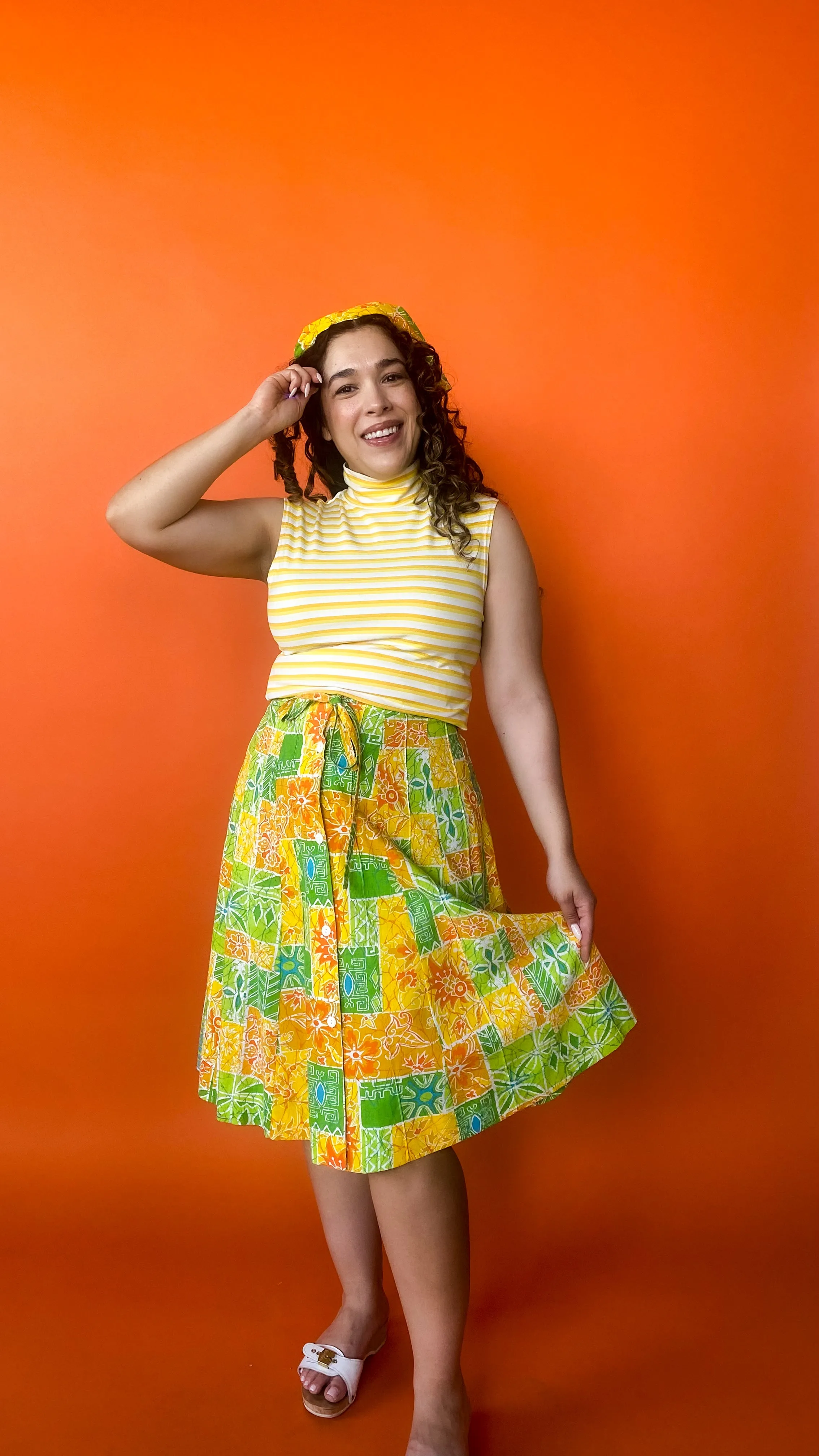 1950s Yellow & Green Floral Skirt, sz. S