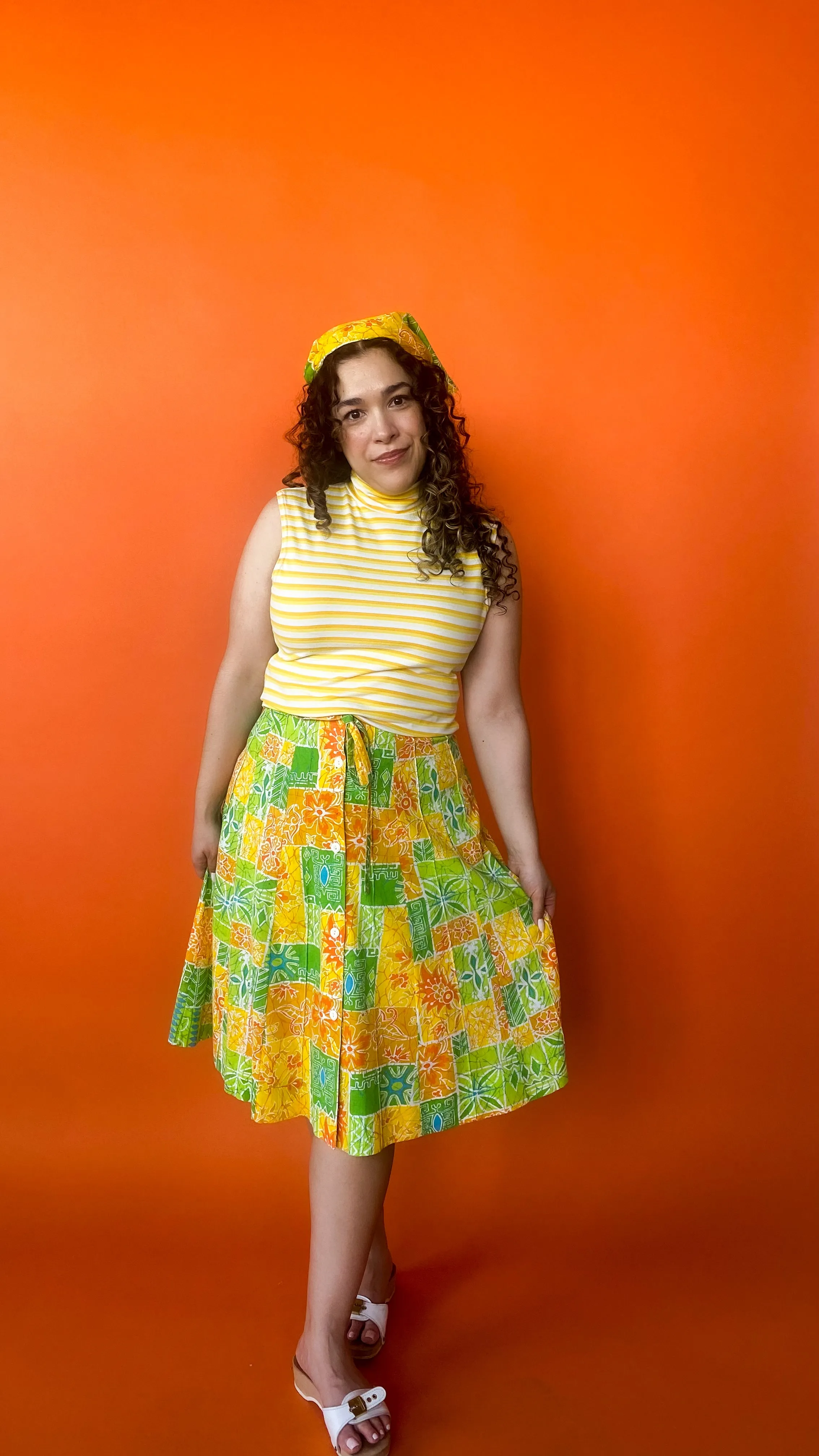 1950s Yellow & Green Floral Skirt, sz. S