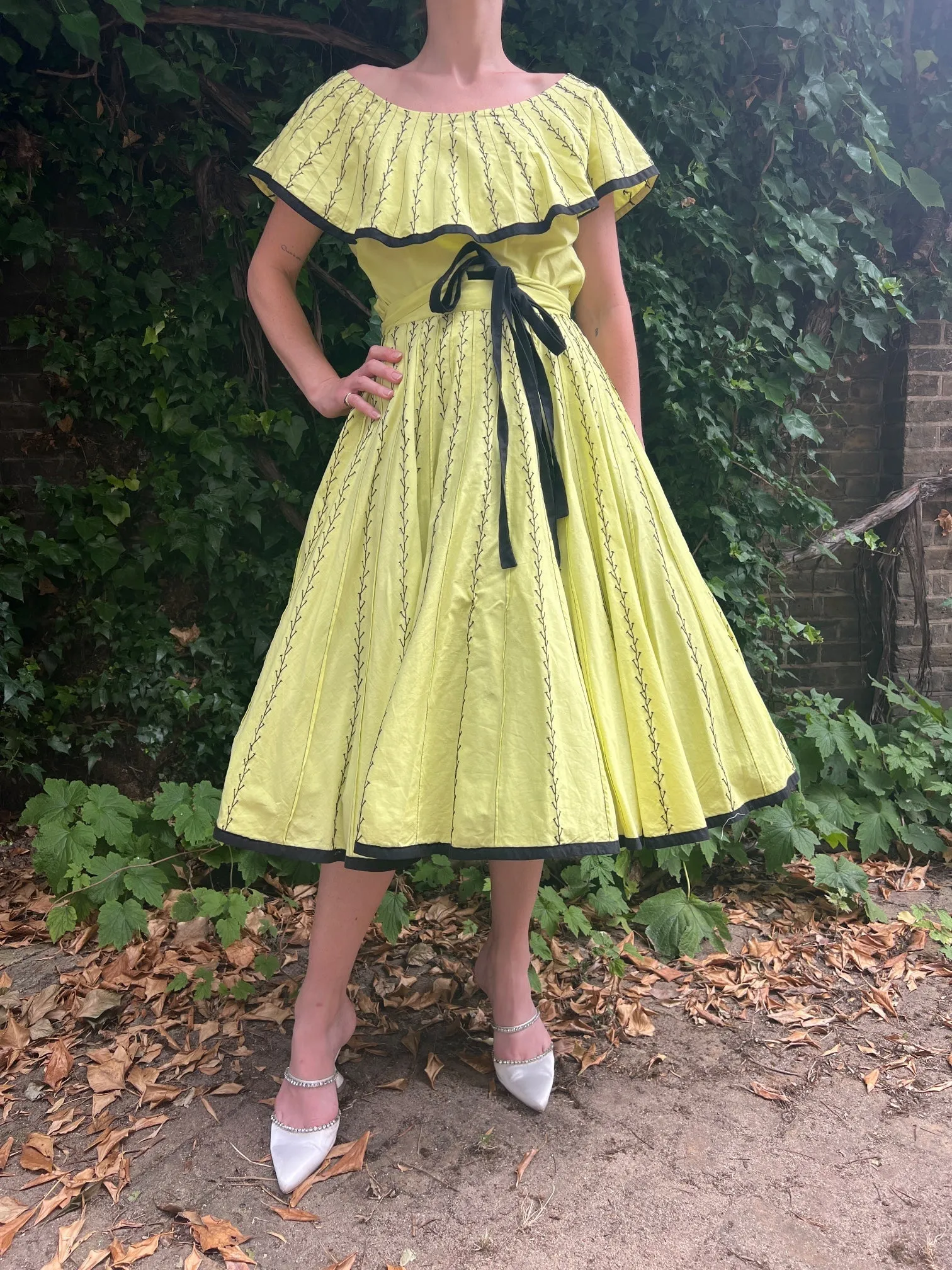 1950s Yellow Mexican Ensemble with Black Embroidery