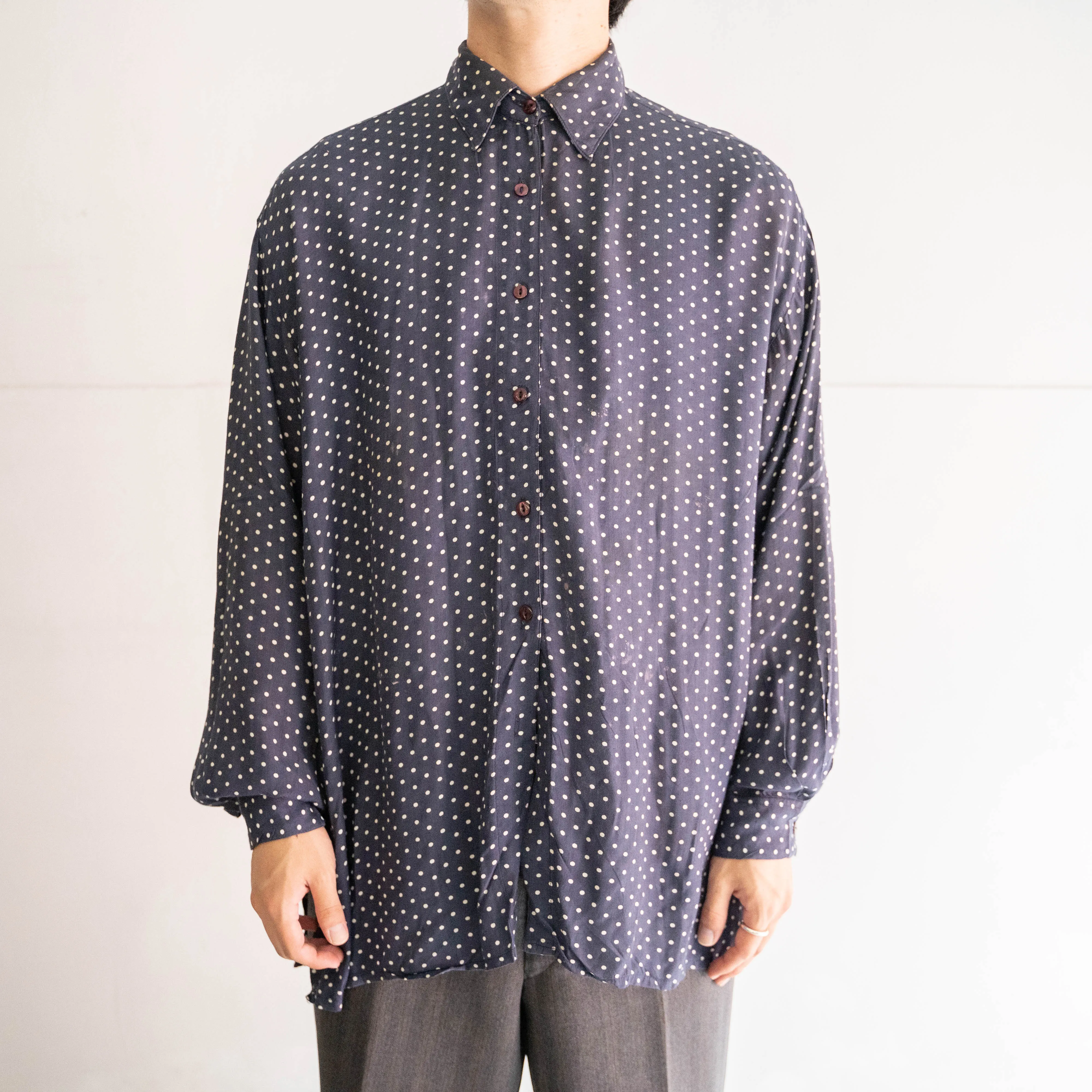 1980s navy base polka dot check all rayon shirt -good dirt-