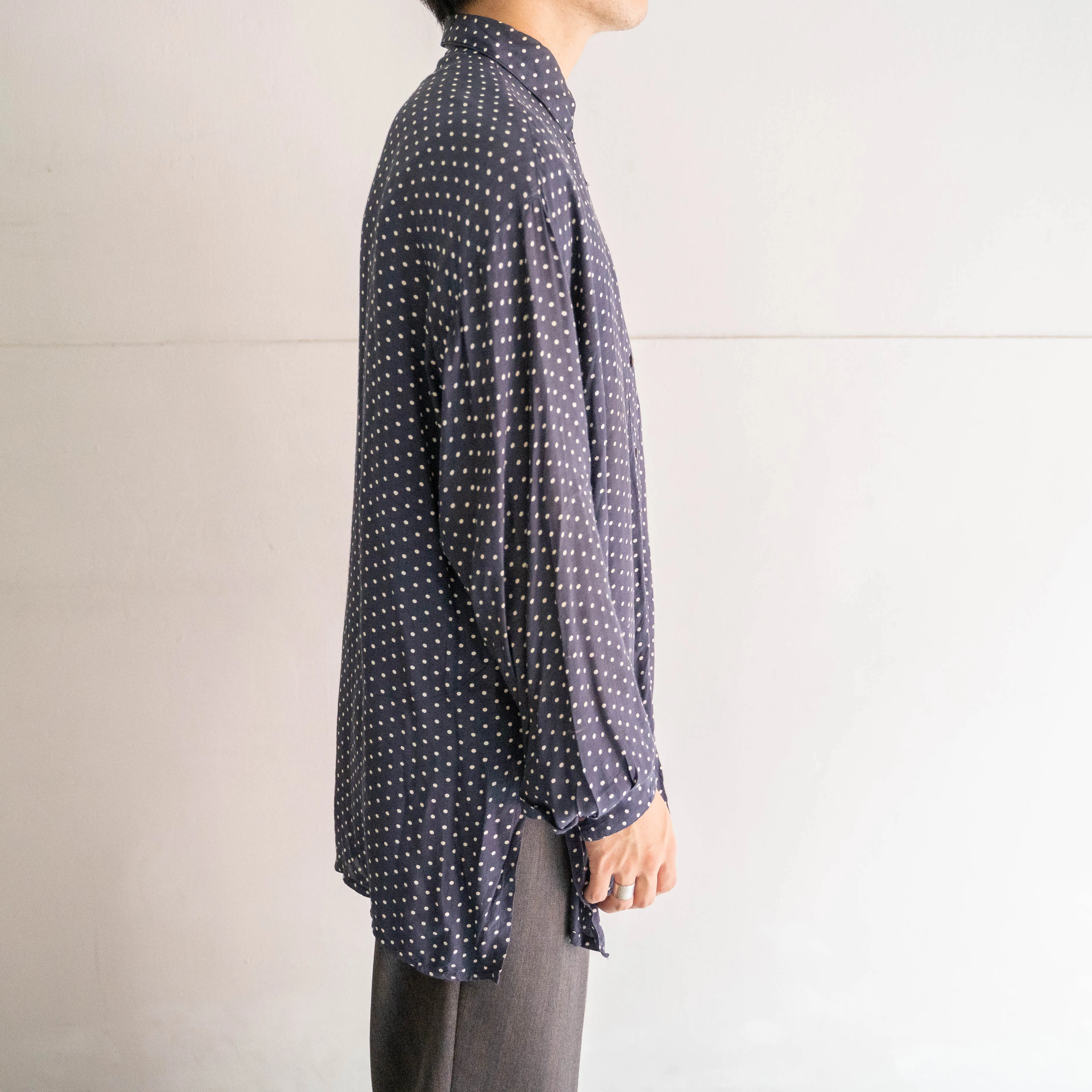 1980s navy base polka dot check all rayon shirt -good dirt-