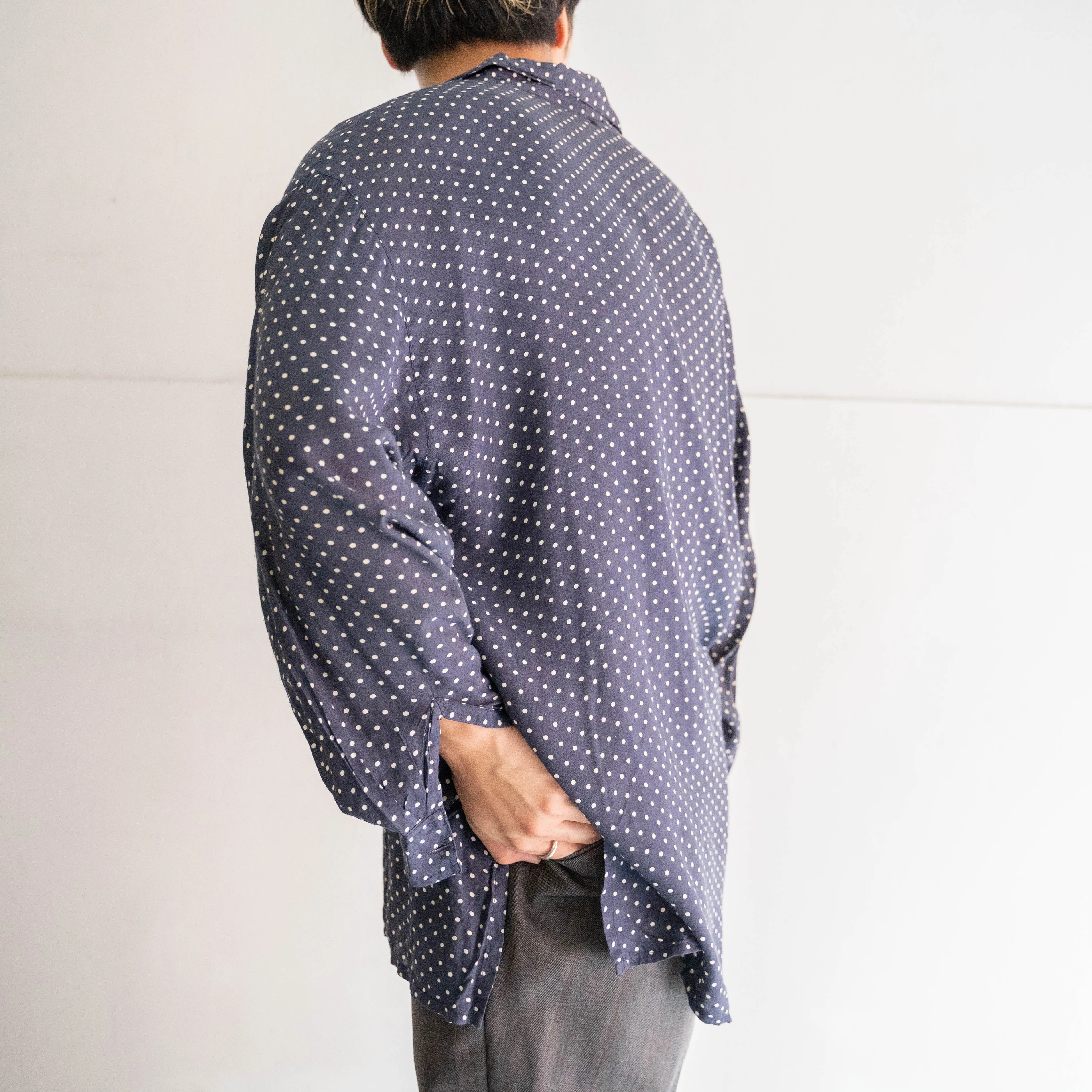 1980s navy base polka dot check all rayon shirt -good dirt-