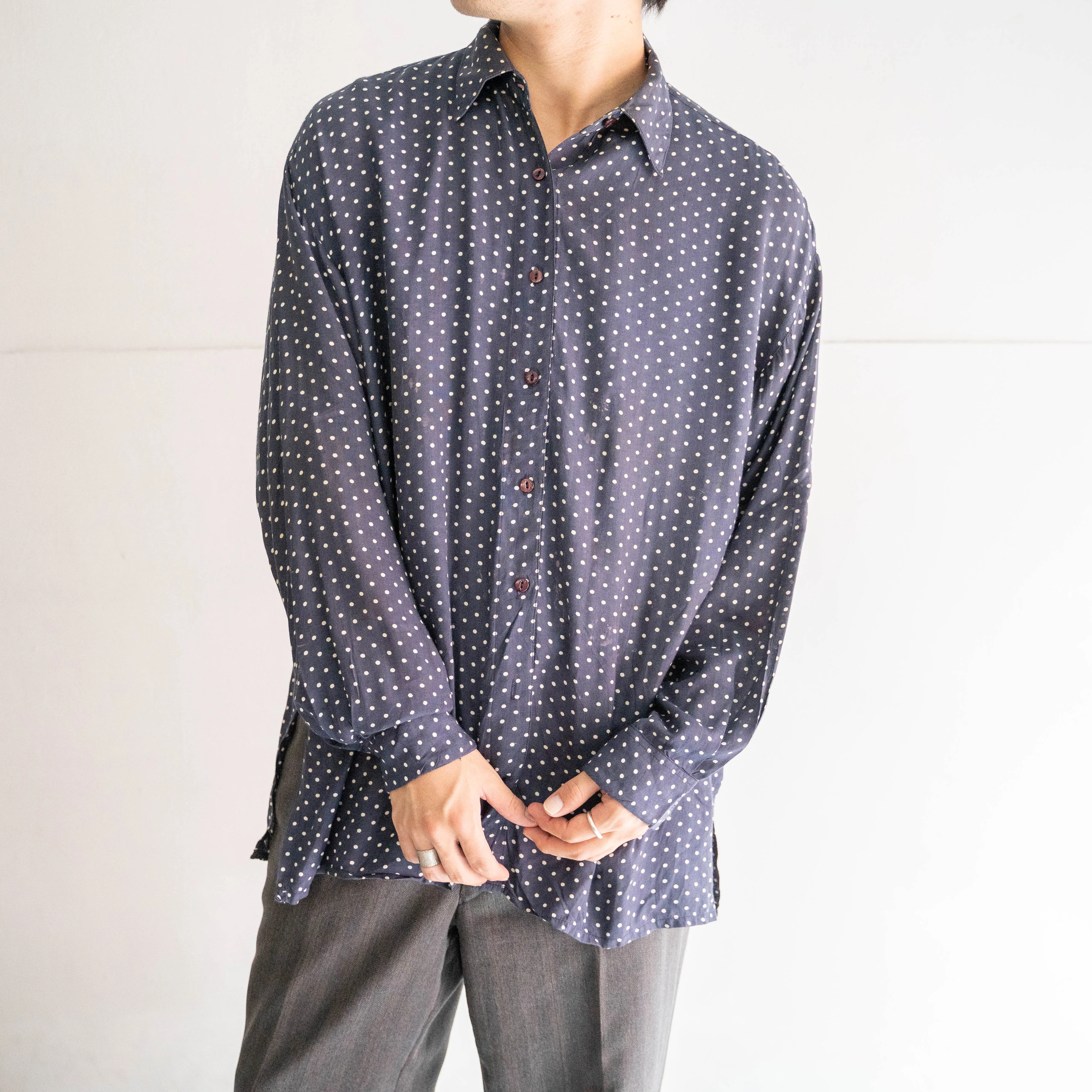 1980s navy base polka dot check all rayon shirt -good dirt-