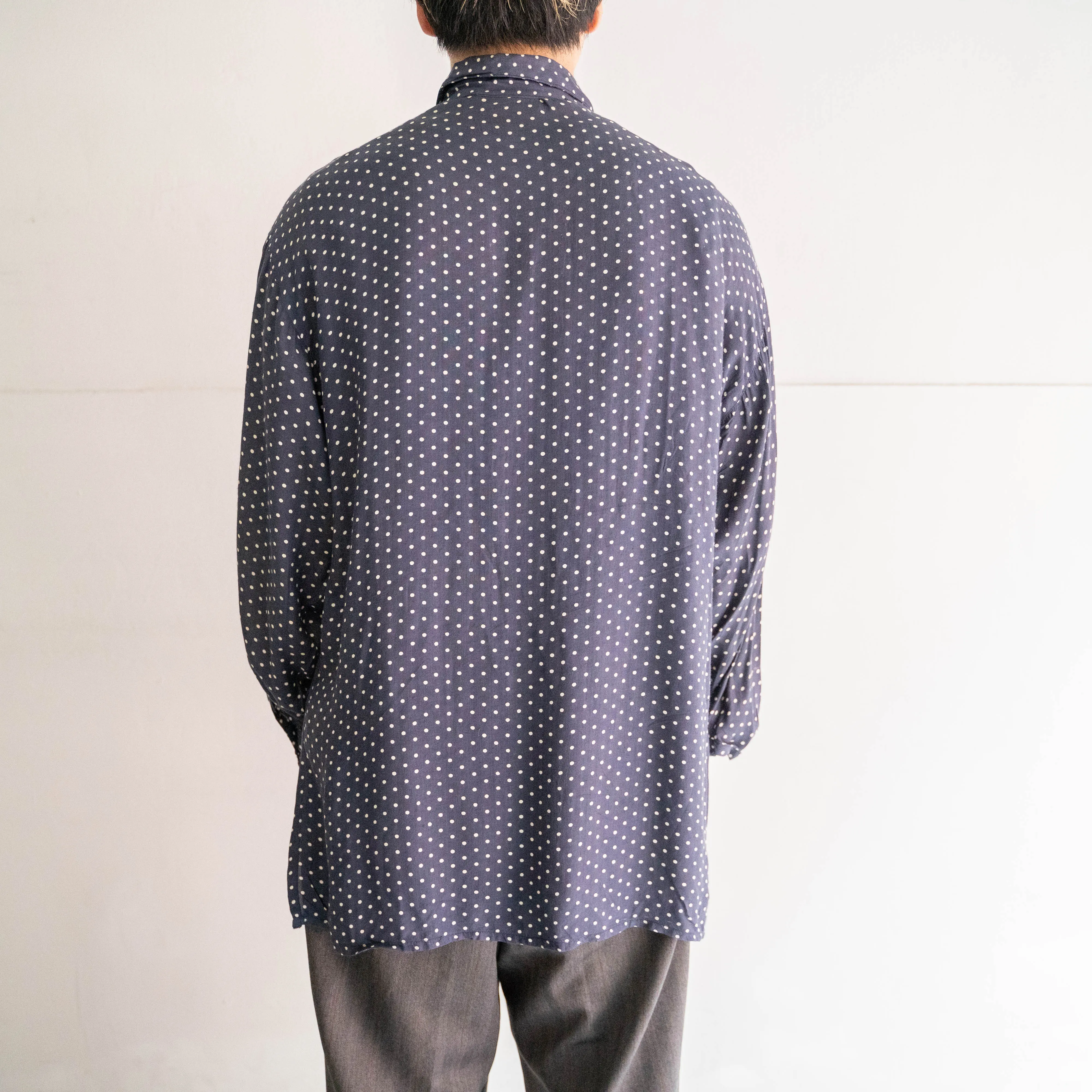 1980s navy base polka dot check all rayon shirt -good dirt-