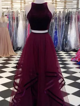 2 Pieces Velvet Top A-line Tulle Skirt Long Prom Dresses