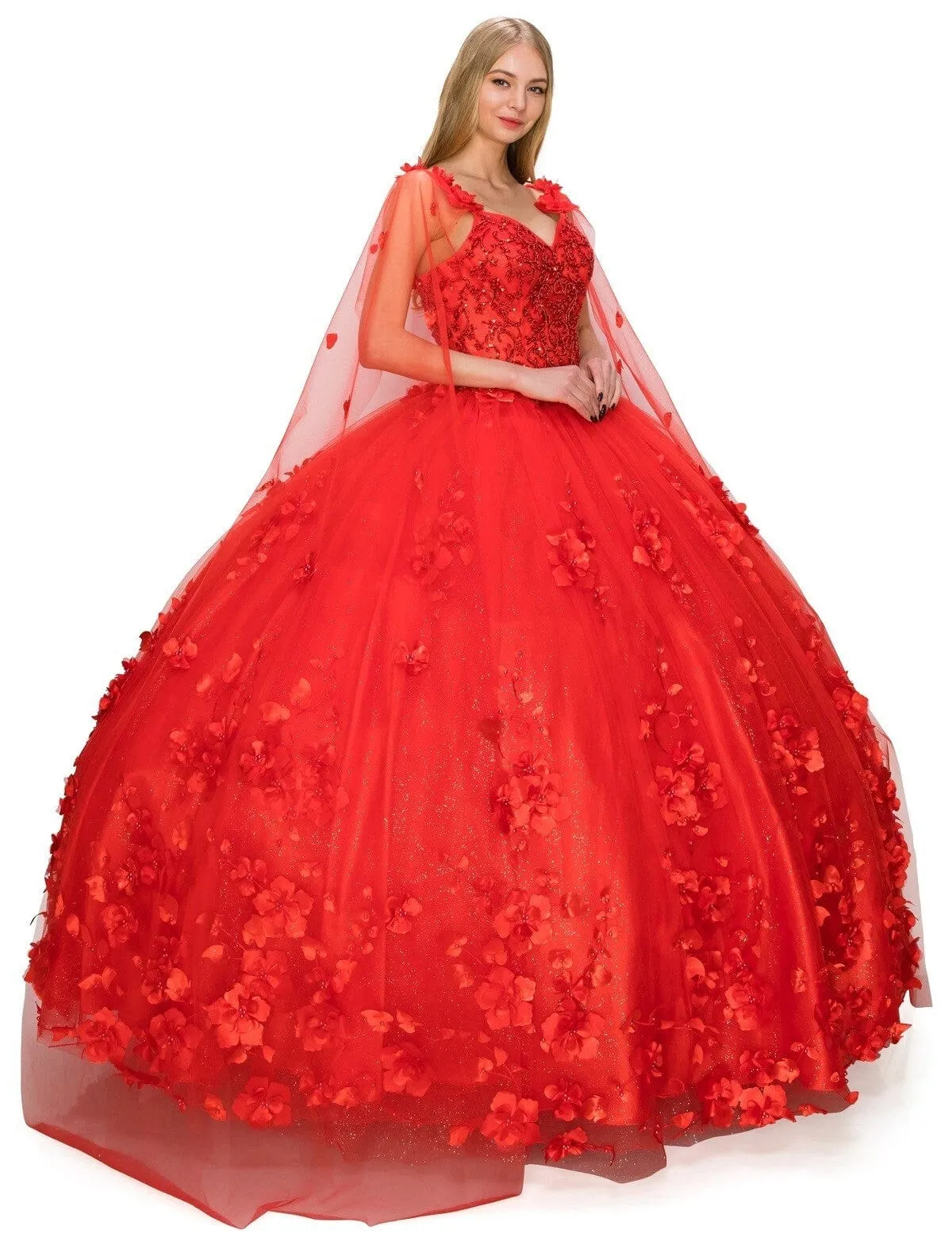 3D Floral Cape Ball Gown by Cinderella Couture 8030J