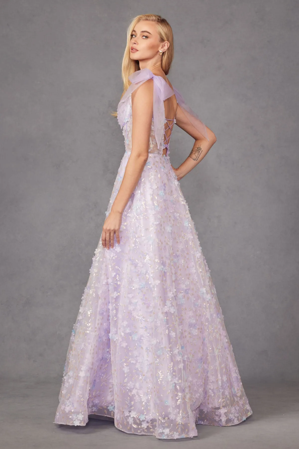 3D Floral Glitter Sleeveless A-line Gown by Juliet JT2439K