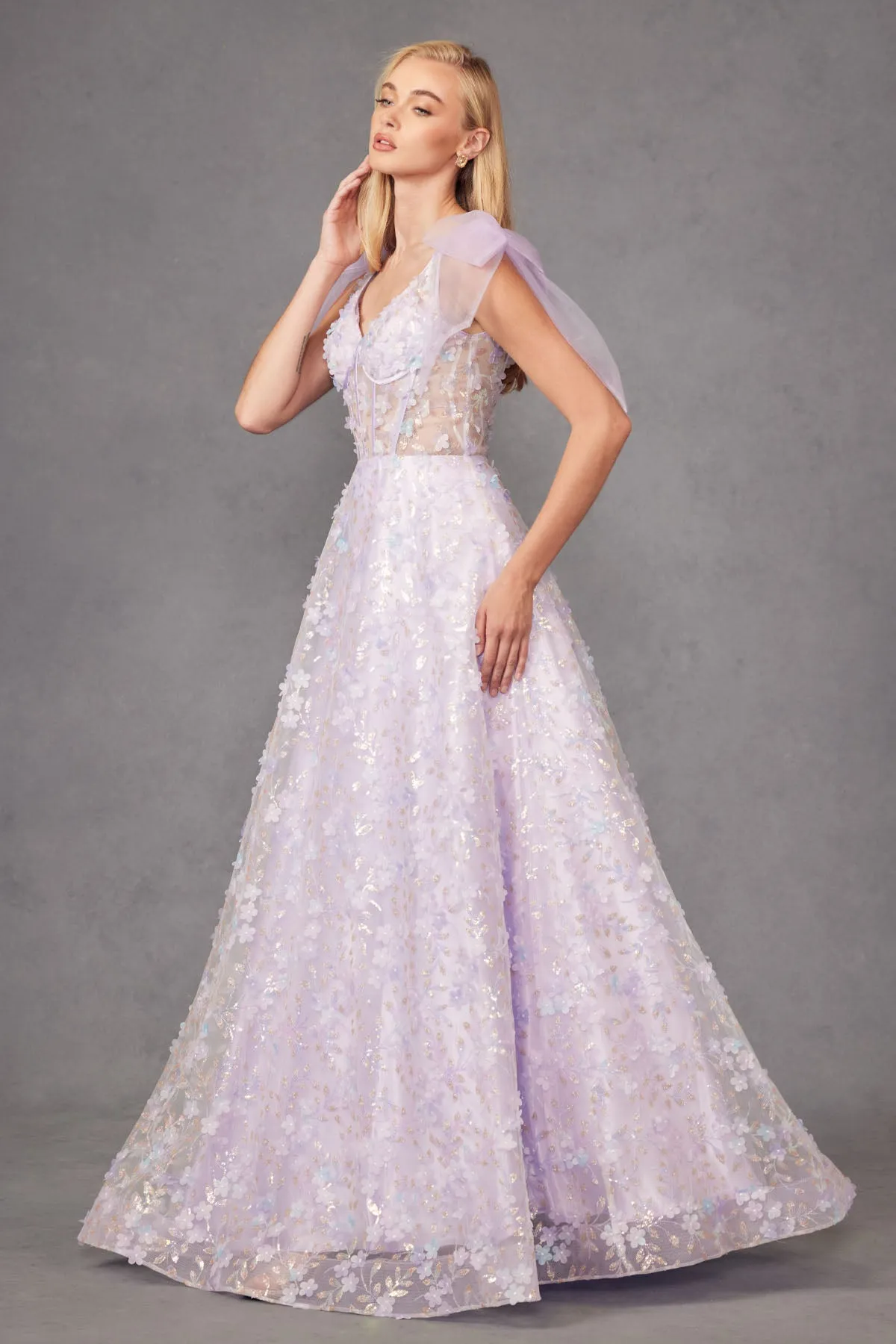 3D Floral Glitter Sleeveless A-line Gown by Juliet JT2439K