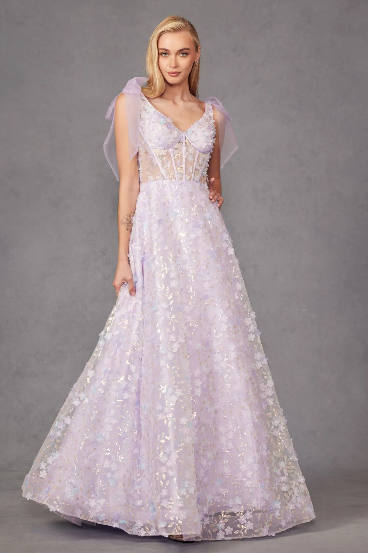 3D Floral Glitter Sleeveless A-line Gown by Juliet JT2439K