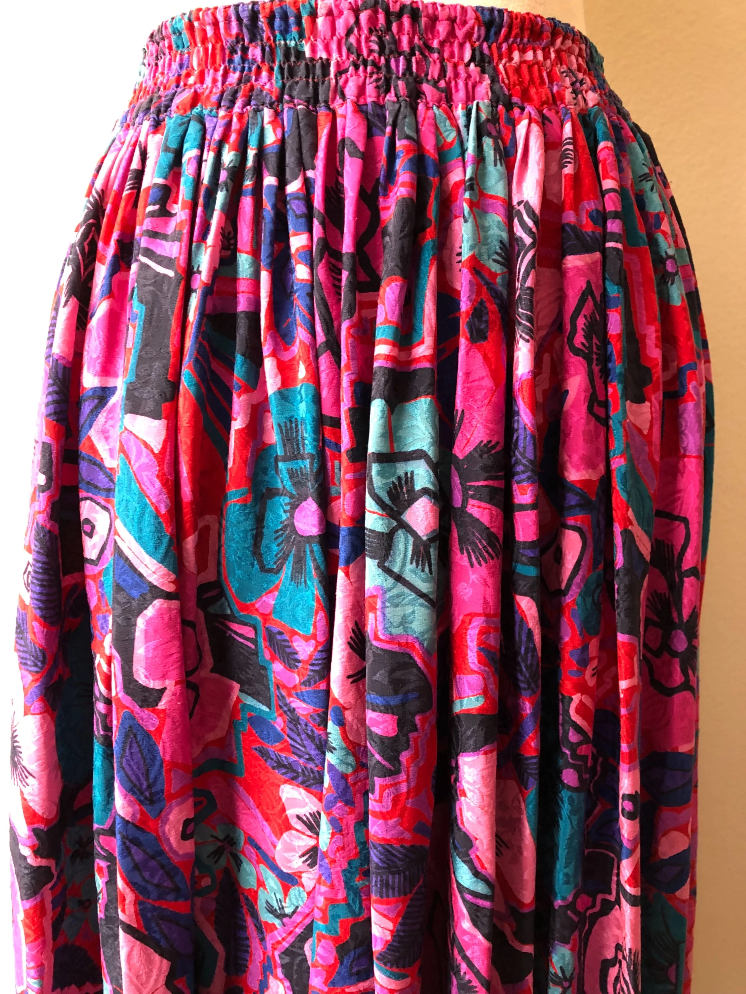 '80’s Hot Pink Abstract Floral Silk Skirt by Diane Freis