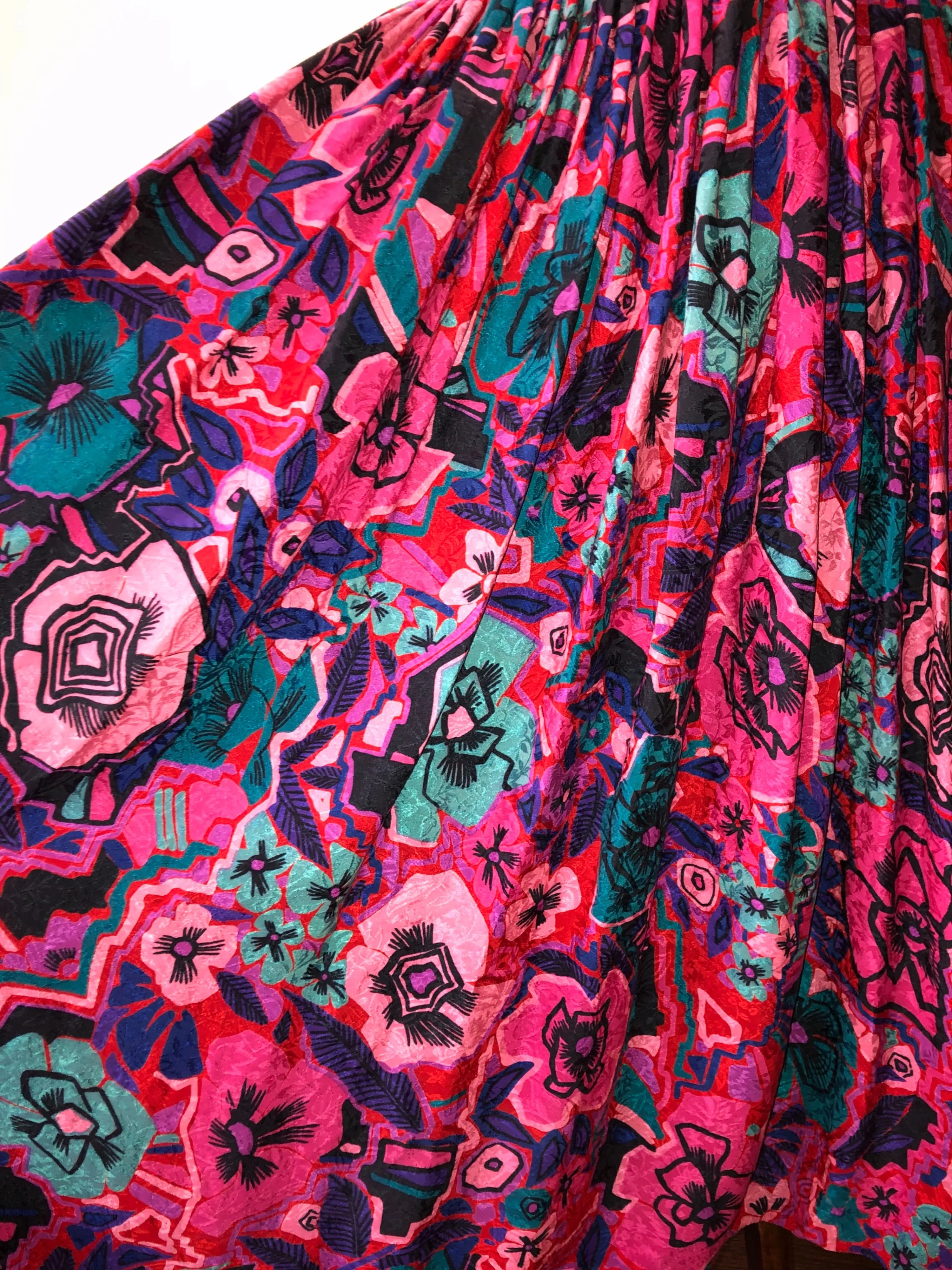 '80’s Hot Pink Abstract Floral Silk Skirt by Diane Freis