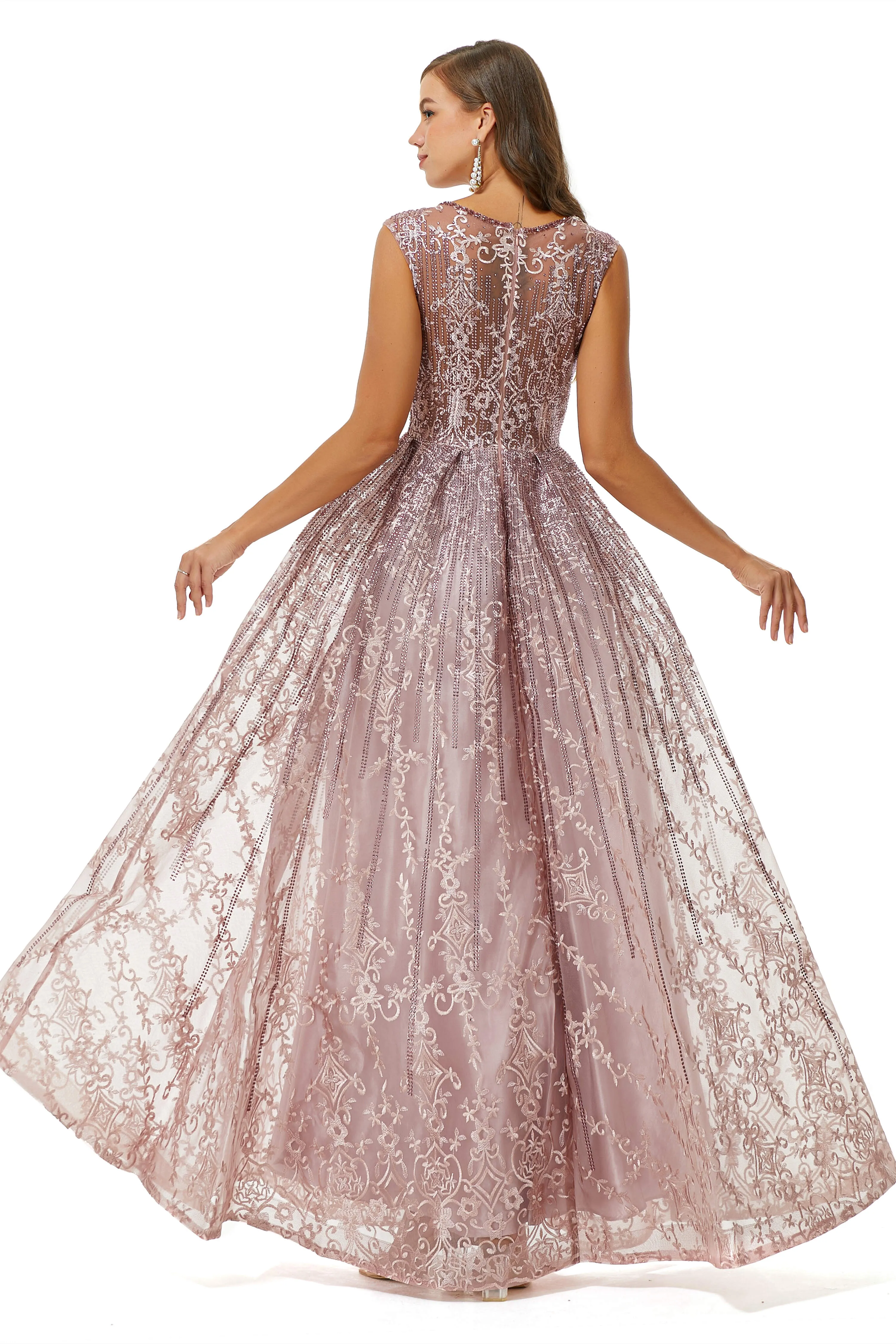 A-Line Beaded Jewel Appliques Lace Floor-Length Cap Sleeve Prom Dresses