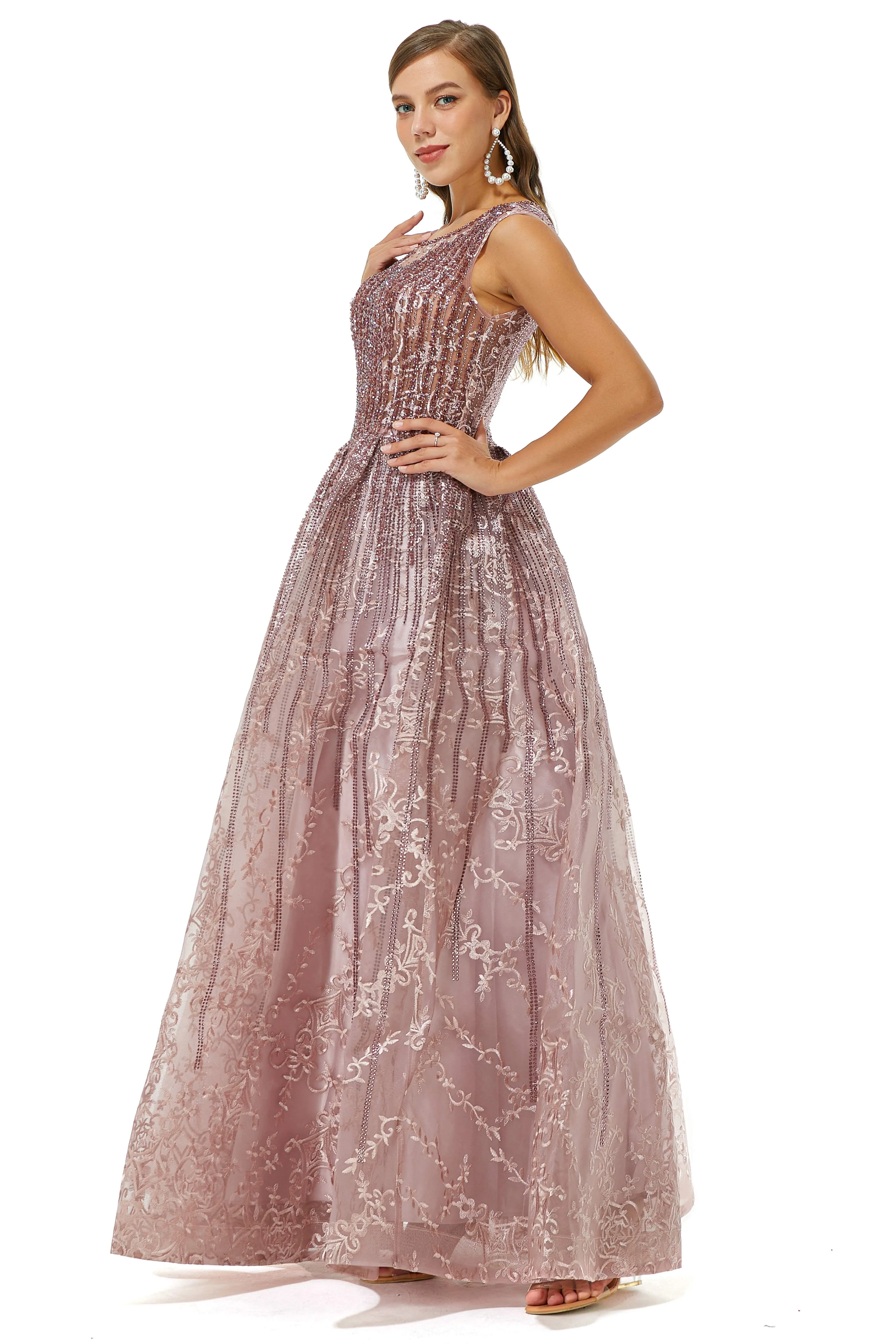 A-Line Beaded Jewel Appliques Lace Floor-Length Cap Sleeve Prom Dresses