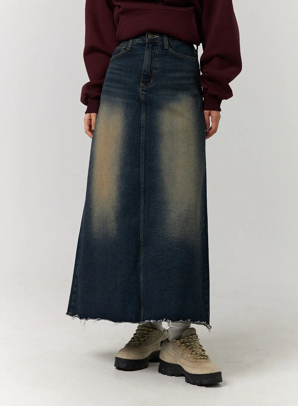 A-Line Distressed Denim Maxi Skirt CD329