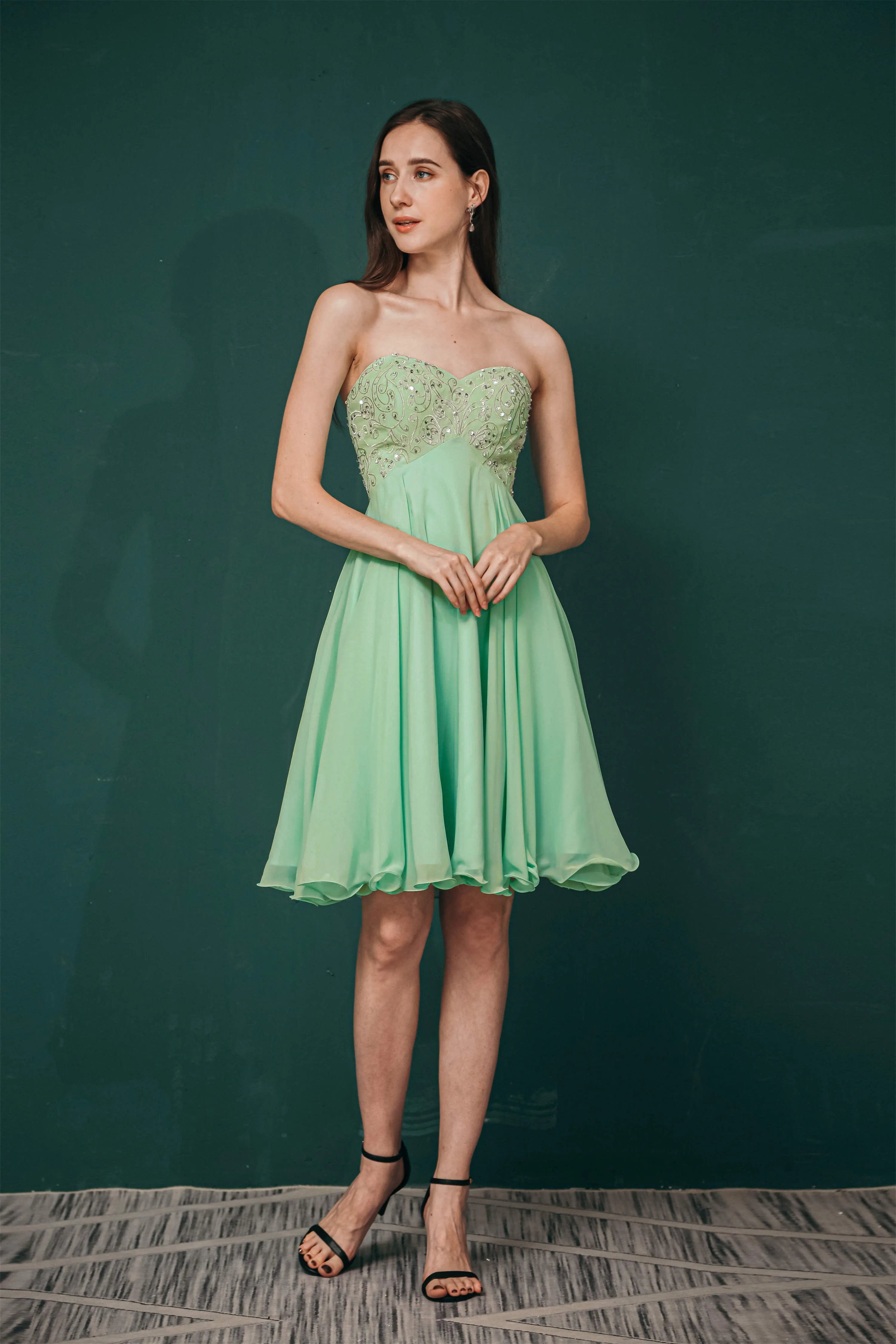 A-line Embroidery Chiffon Short Strapless Corset Back Beaded Homecoming Dresses