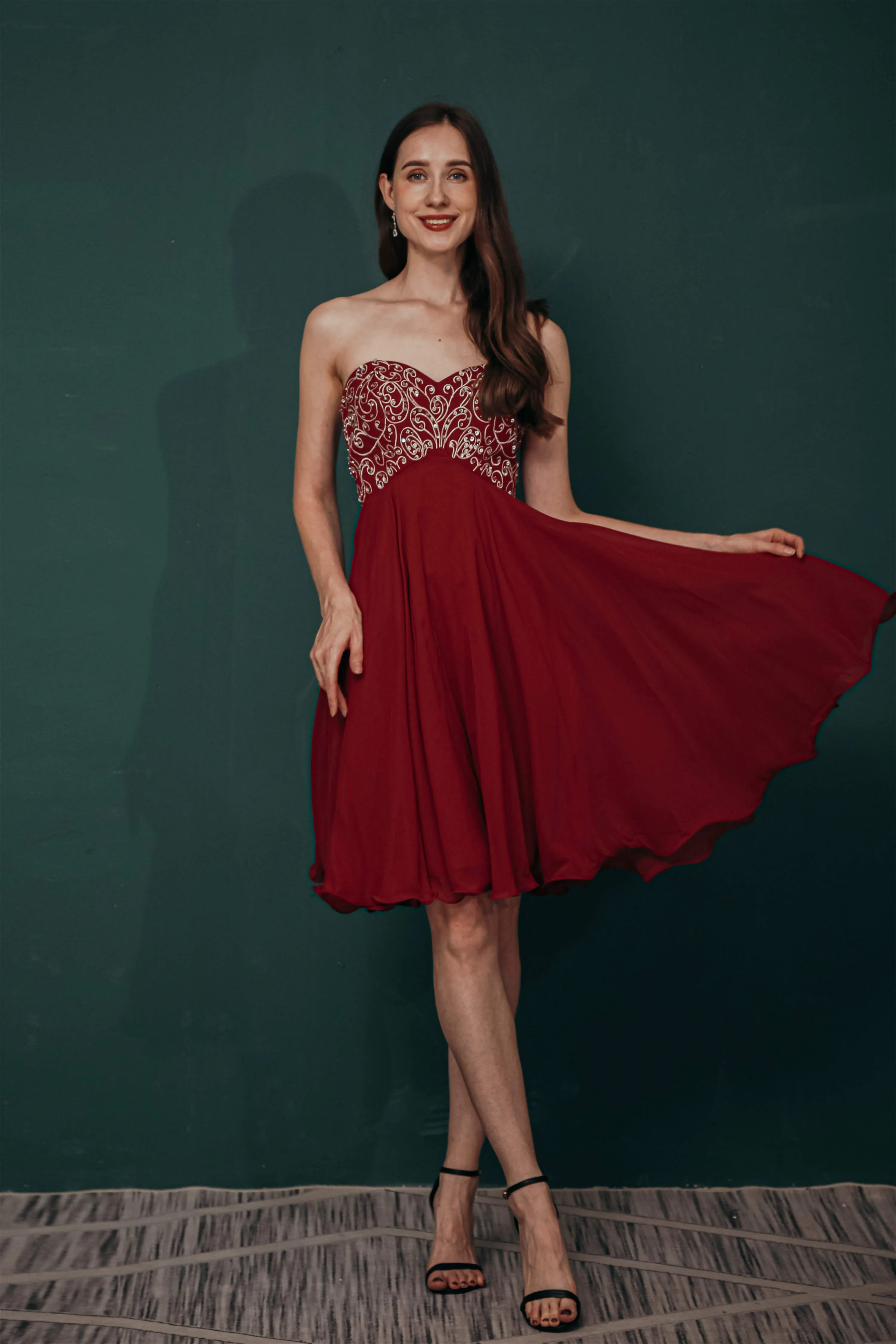 A-line Embroidery Chiffon Short Strapless Corset Back Beaded Homecoming Dresses