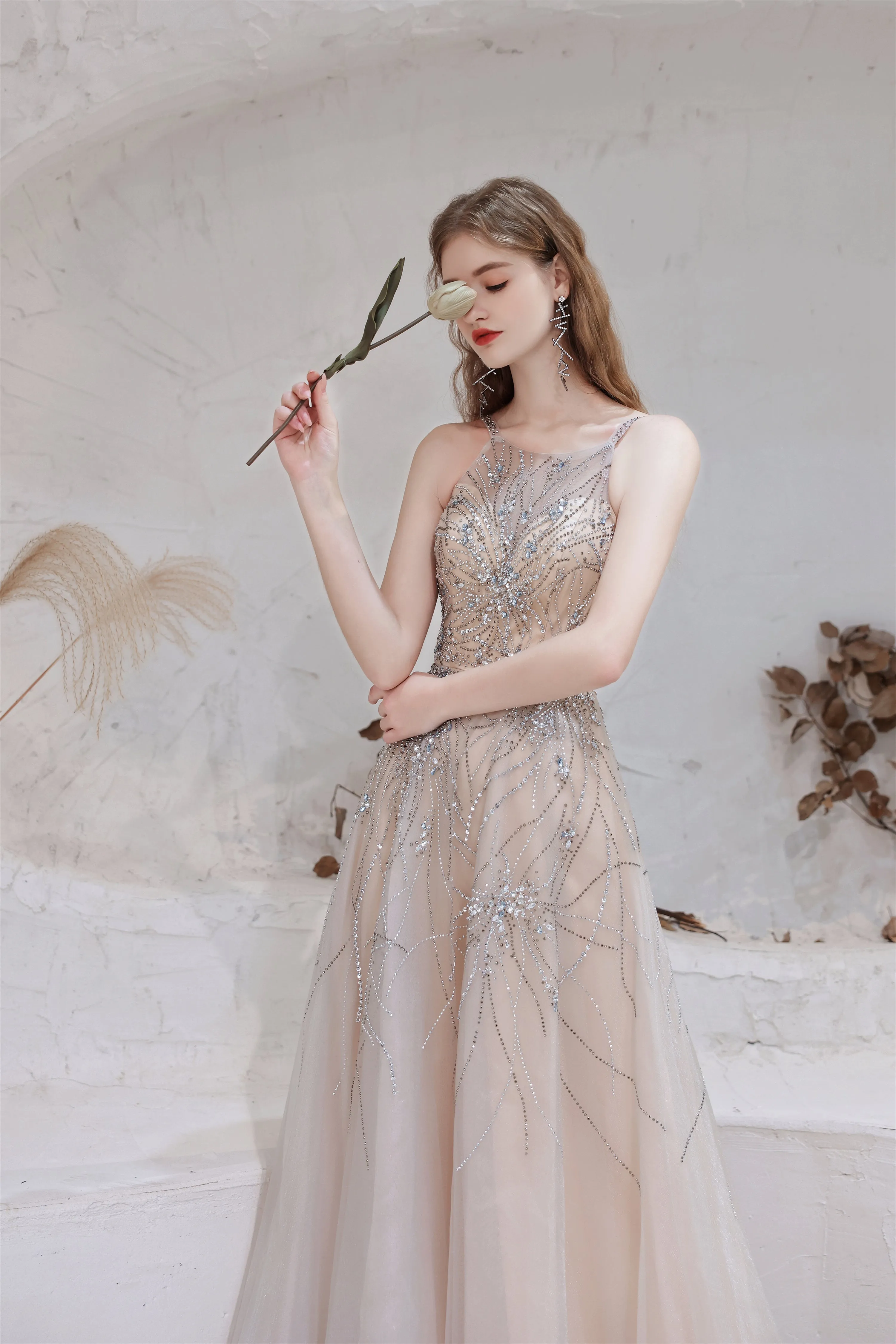 A-Line Heavily Beading Tulle Prom Dresses