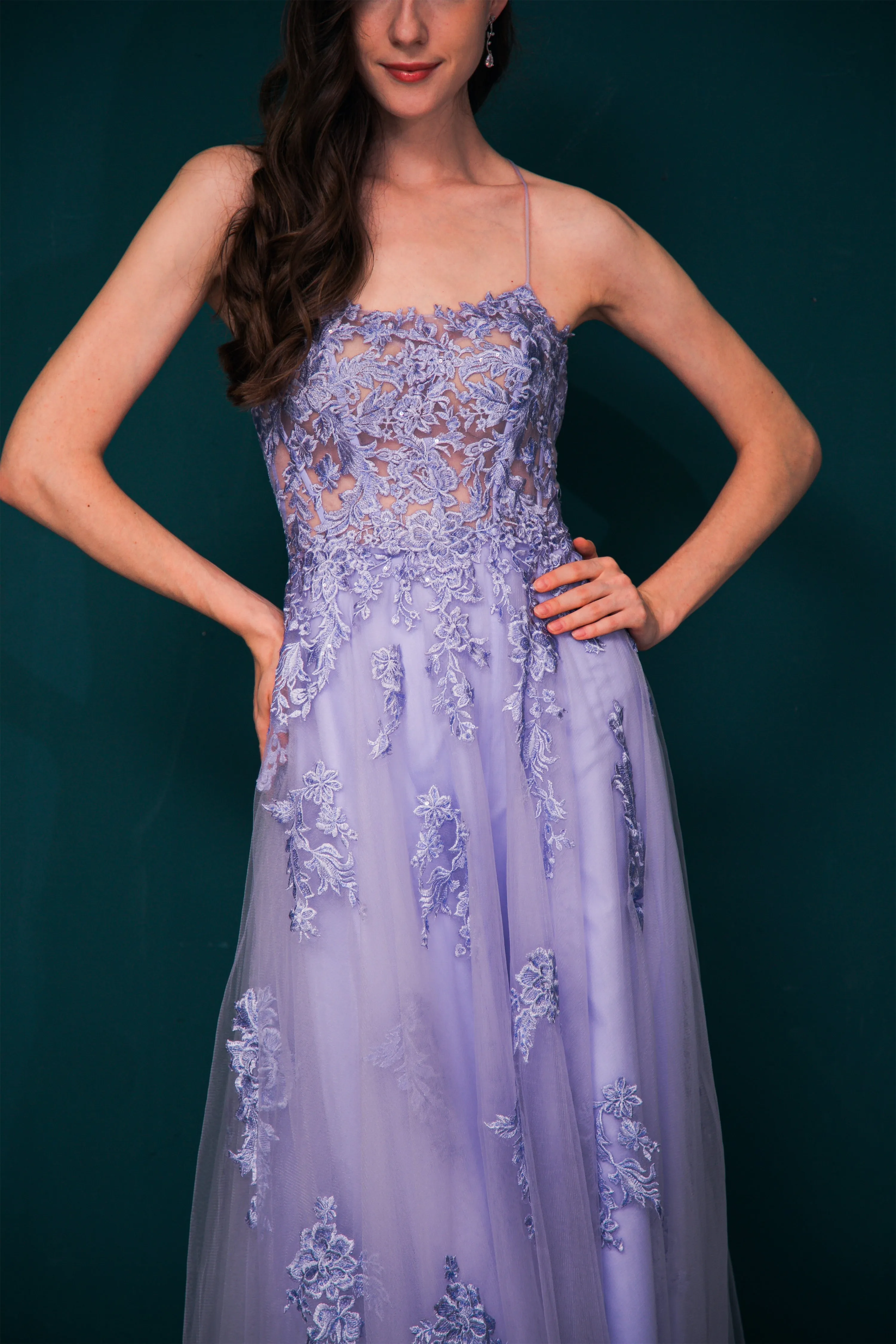 A-line Lace Appliques Long Prom Dresses