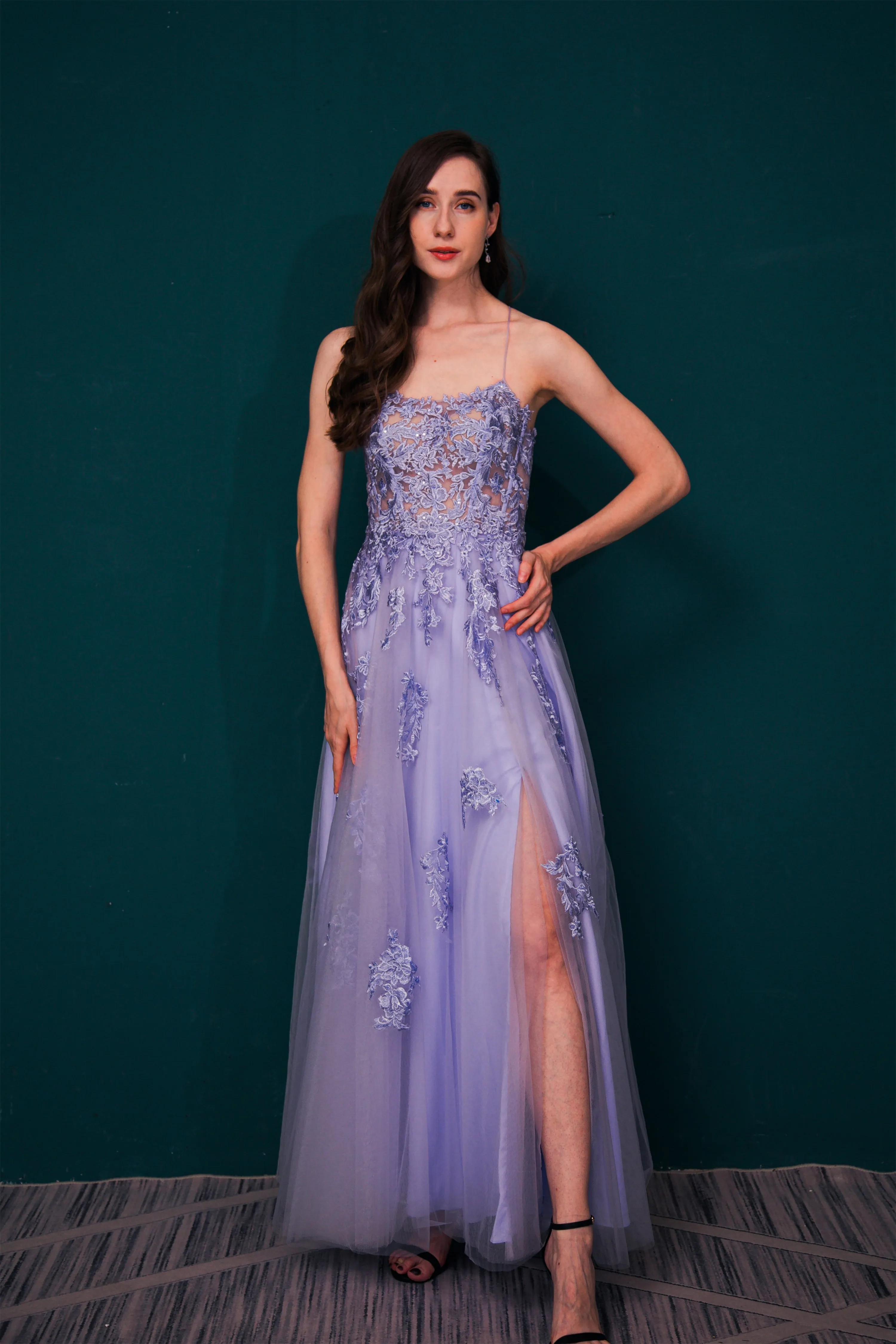 A-line Lace Appliques Long Prom Dresses