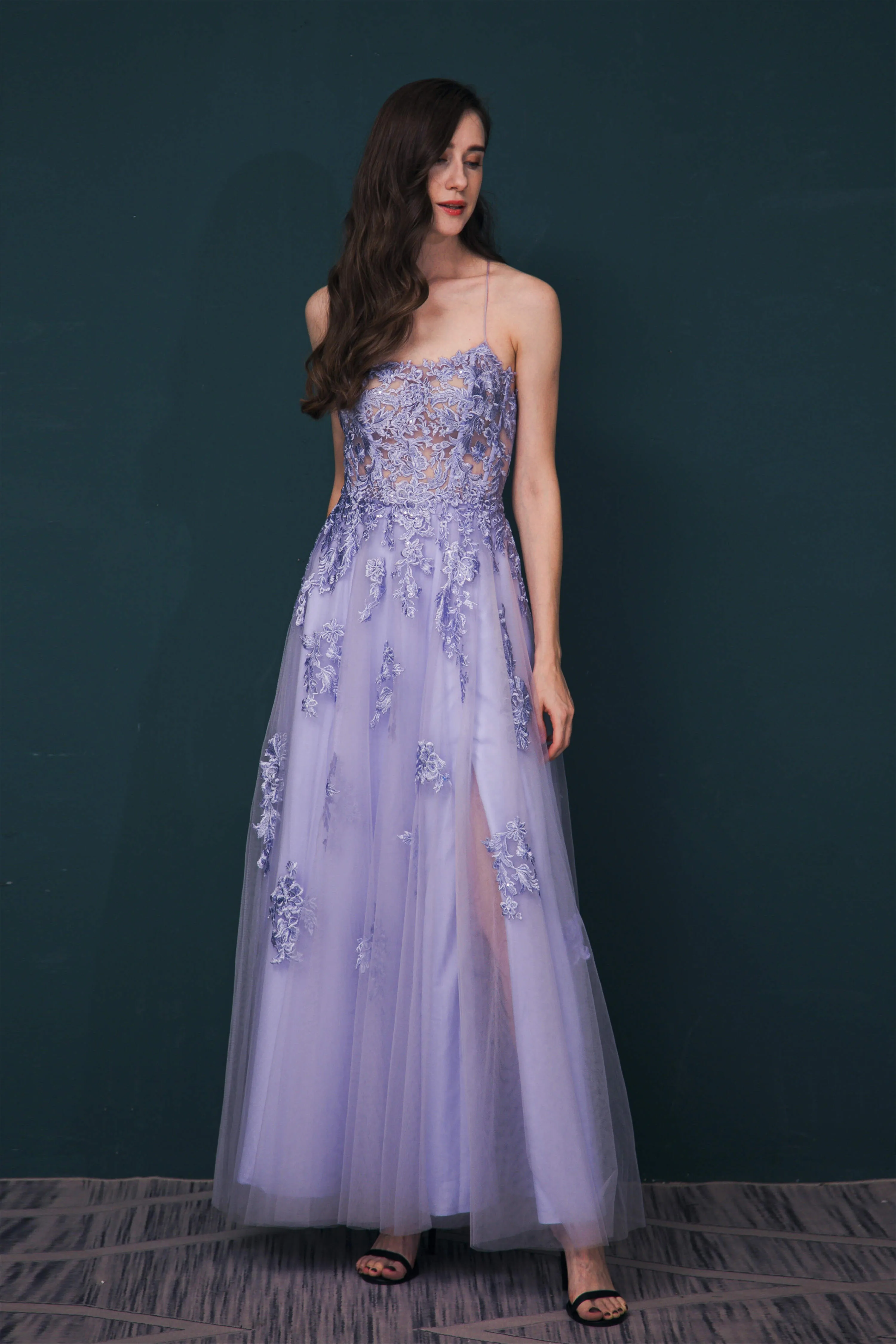 A-line Lace Appliques Long Prom Dresses