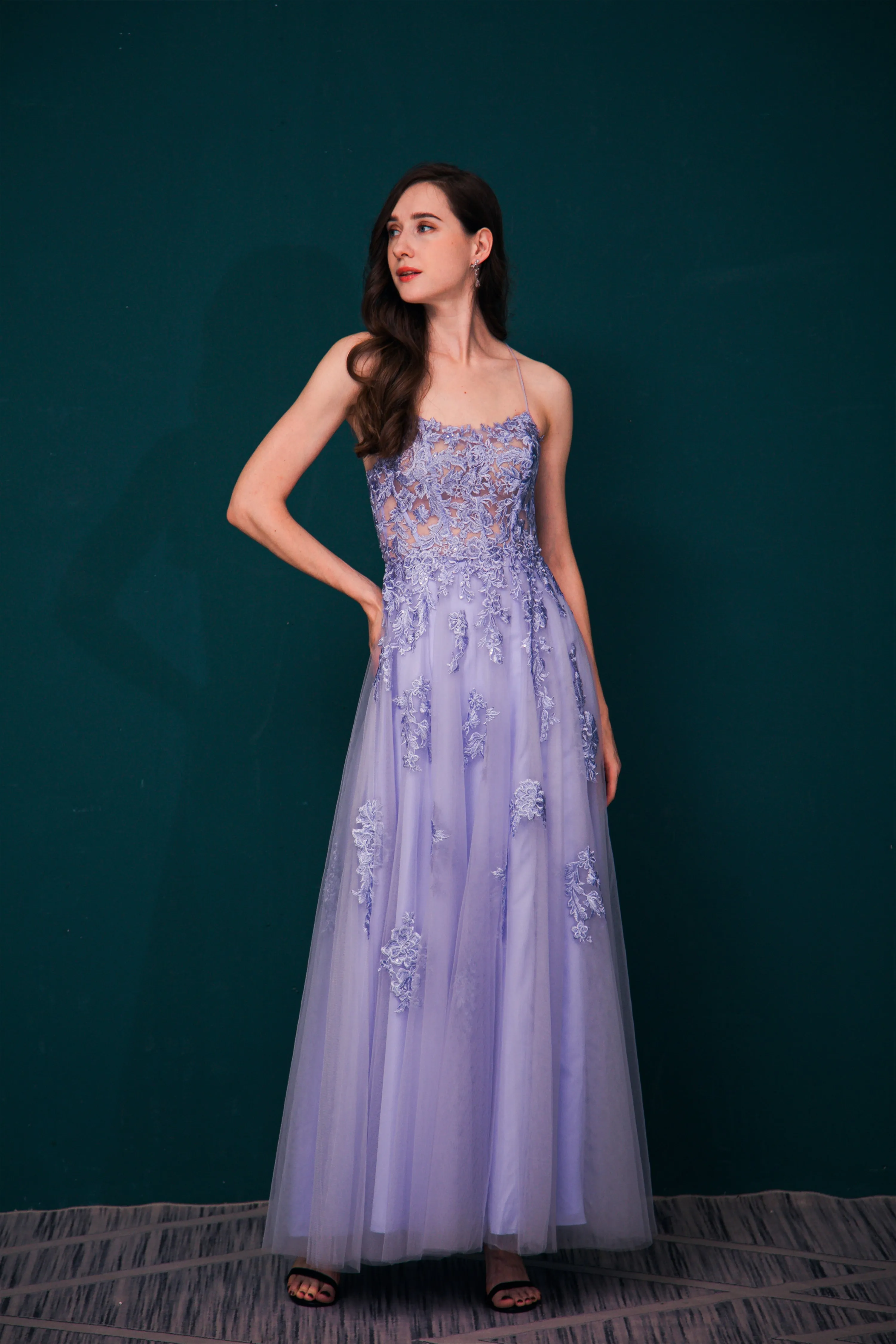 A-line Lace Appliques Long Prom Dresses