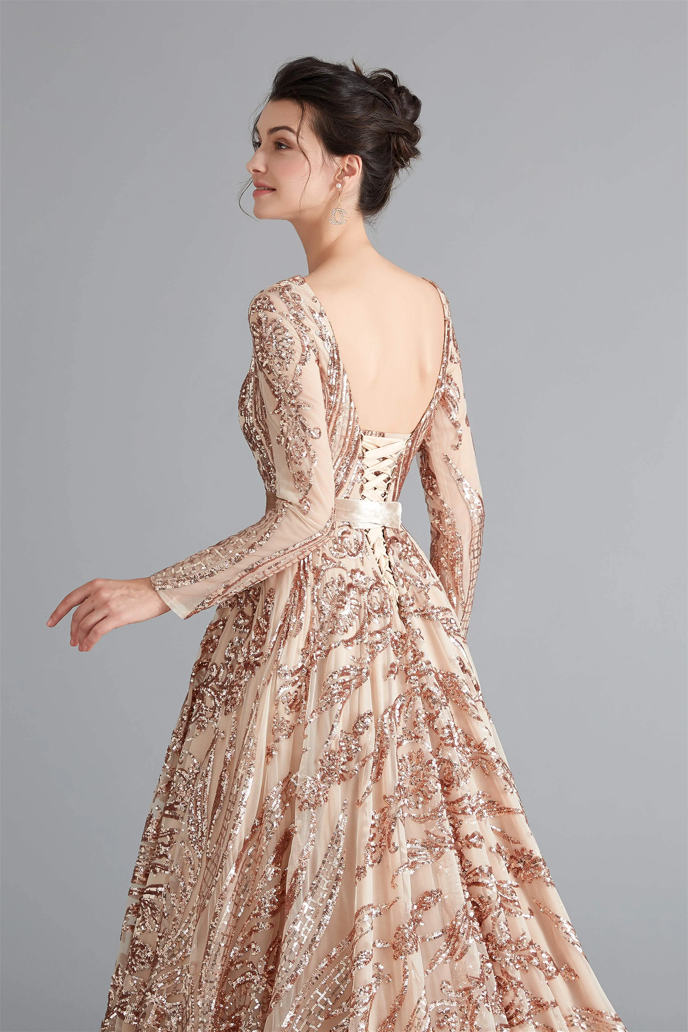 A-Line Luxury Sequins Long Sleeve Backless Prom Dresses