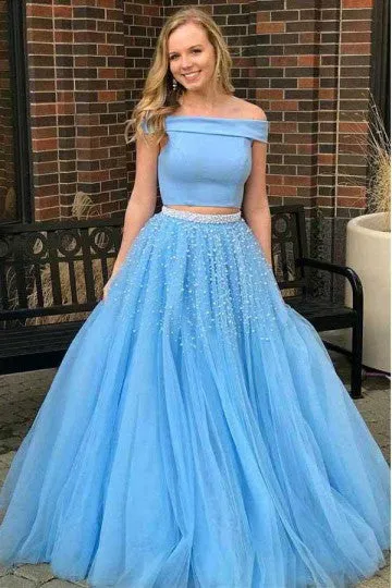 A Line Off Shoulder Blue Two Pieces Tulle Long Prom Dress with Beading