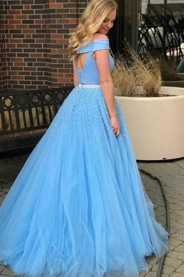 A Line Off Shoulder Blue Two Pieces Tulle Long Prom Dress with Beading