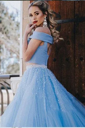 A Line Off Shoulder Blue Two Pieces Tulle Long Prom Dress with Beading