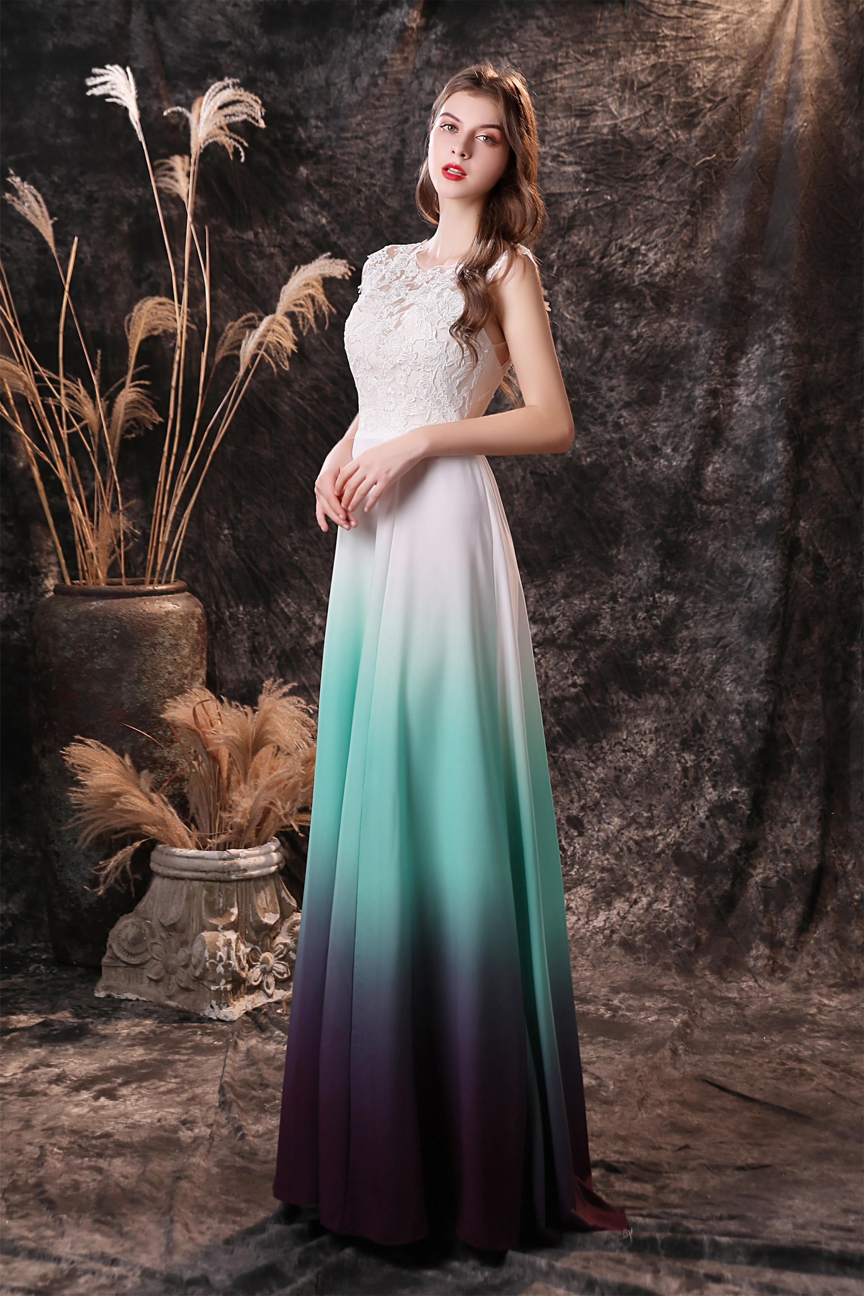 A Line Sleeveless Appliques Ombre Silk Like Satin Floor Length Prom Dresses