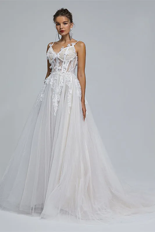 A-Line Spaghetti Strap Sweetheart Tulle Applique Floor-Length Sleeveless Wedding Dresses