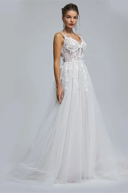 A-Line Spaghetti Strap Sweetheart Tulle Applique Floor-Length Sleeveless Wedding Dresses