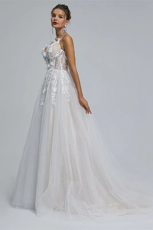 A-Line Spaghetti Strap Sweetheart Tulle Applique Floor-Length Sleeveless Wedding Dresses