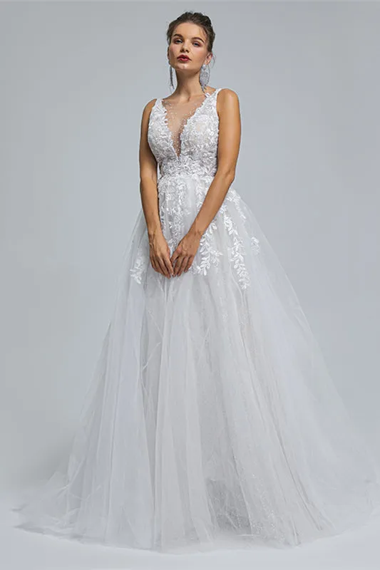 A-Line tulle applique sleeveless floor length wedding dress