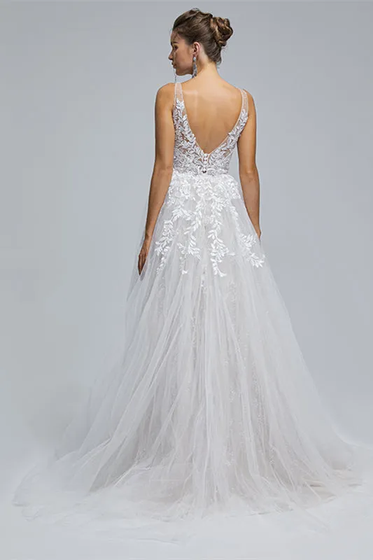 A-Line tulle applique sleeveless floor length wedding dress