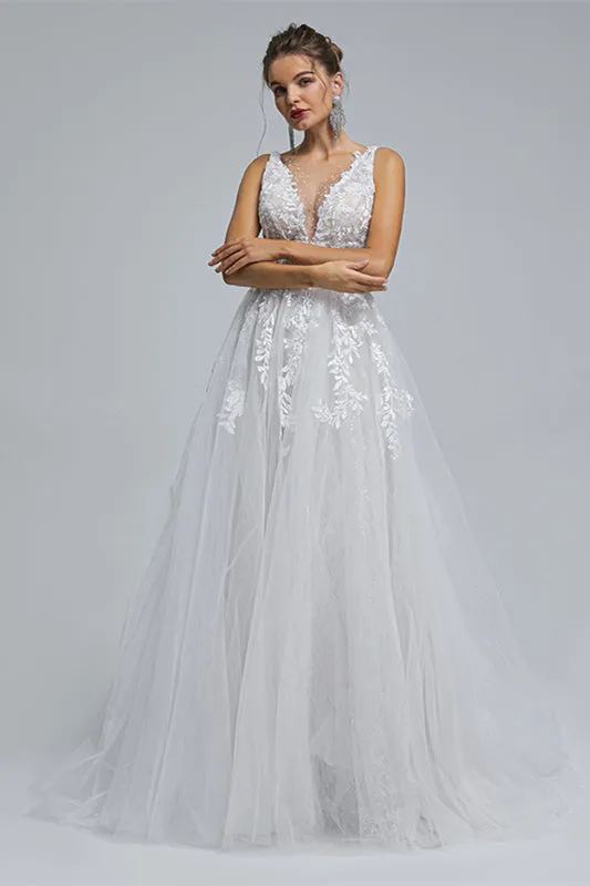 A-Line tulle applique sleeveless floor length wedding dress