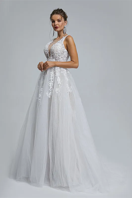 A-Line tulle applique sleeveless floor length wedding dress