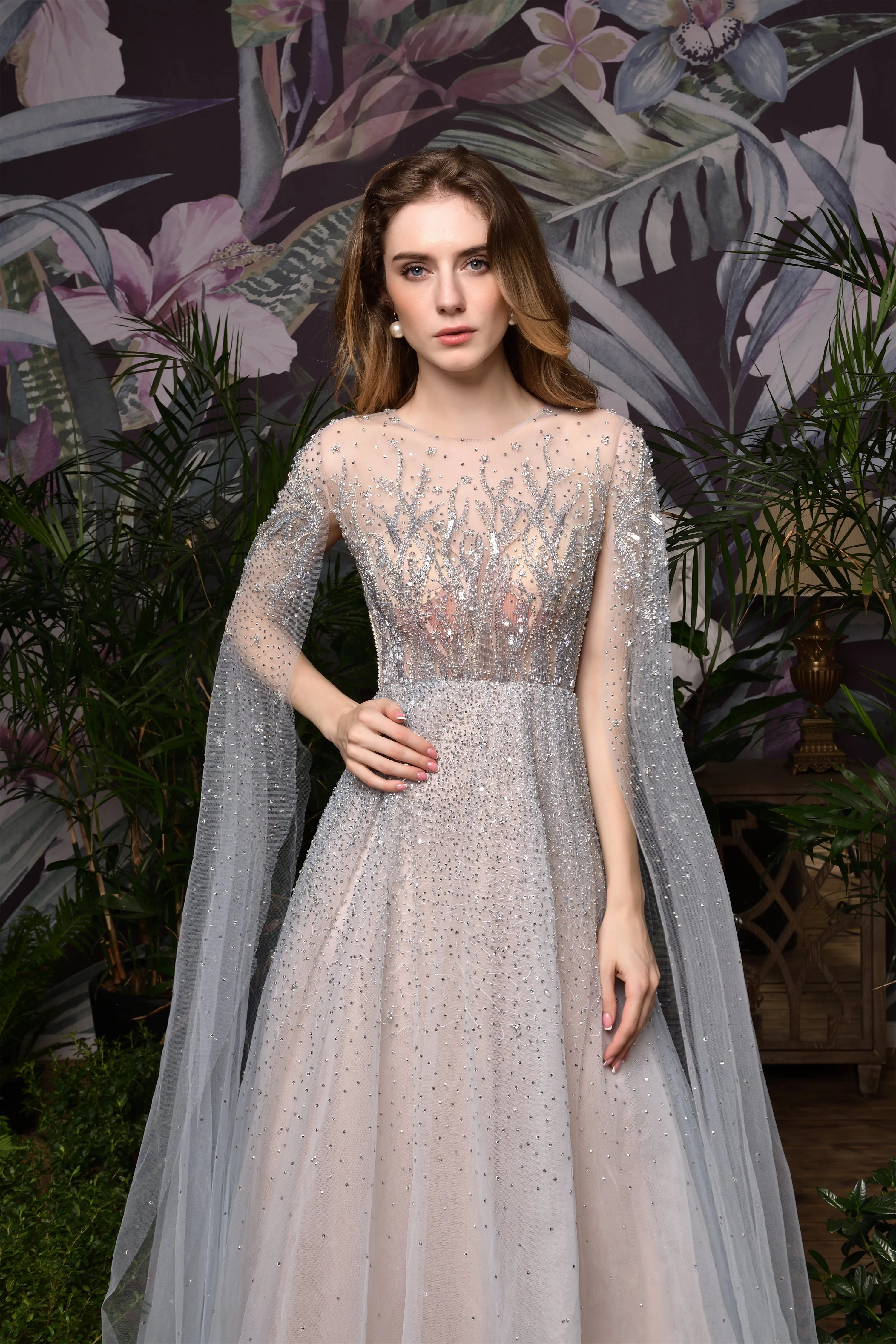 A-Line Tulle Beading Handwork Long Sleeves Prom Dresses