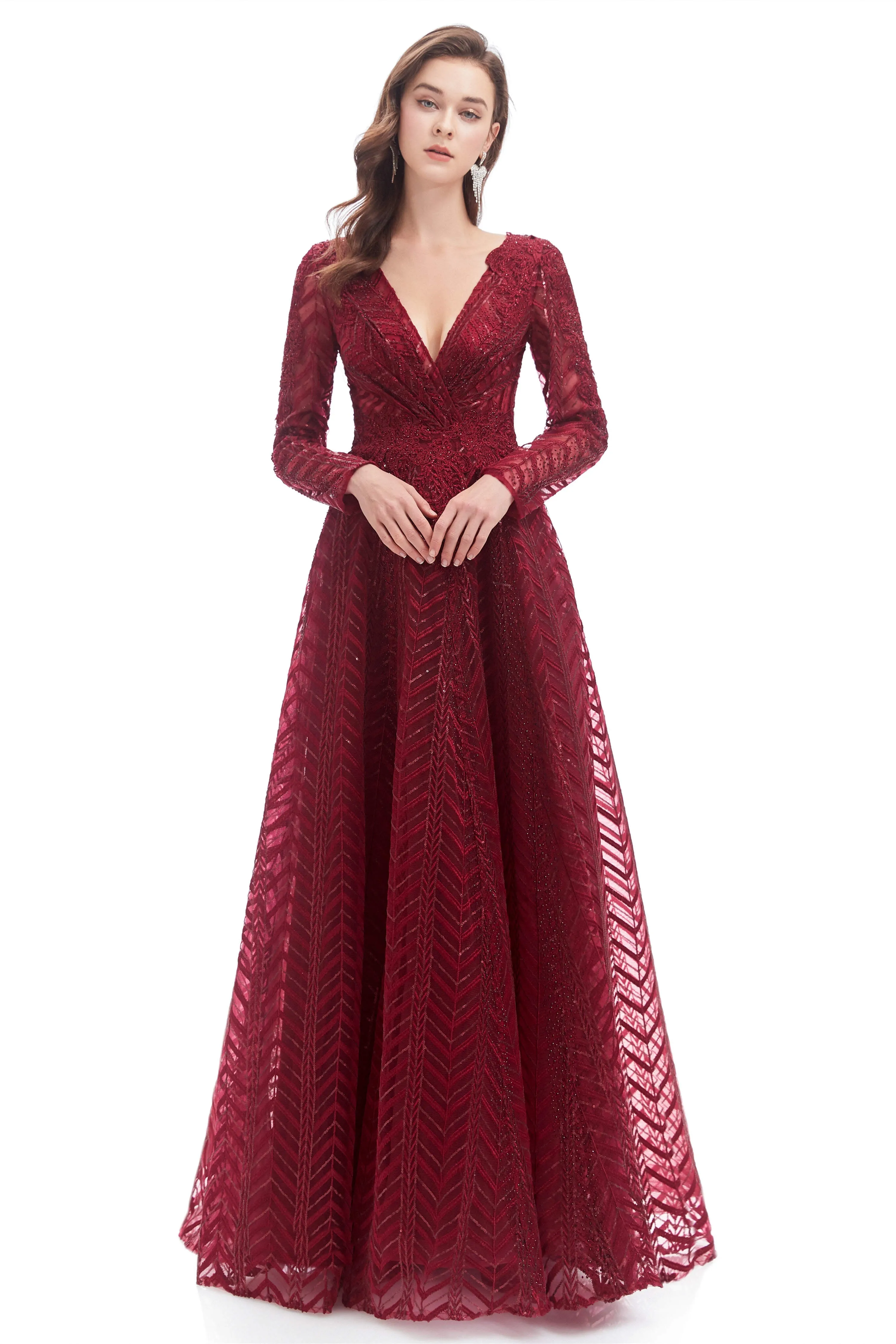 A-Line V Neck Long Sleeves Lace Long Prom Dresses