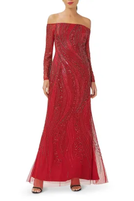 Adrianna Papell AP1E210117 P Off The Shoulder Long Sleeve Formal Long Beaded Dress