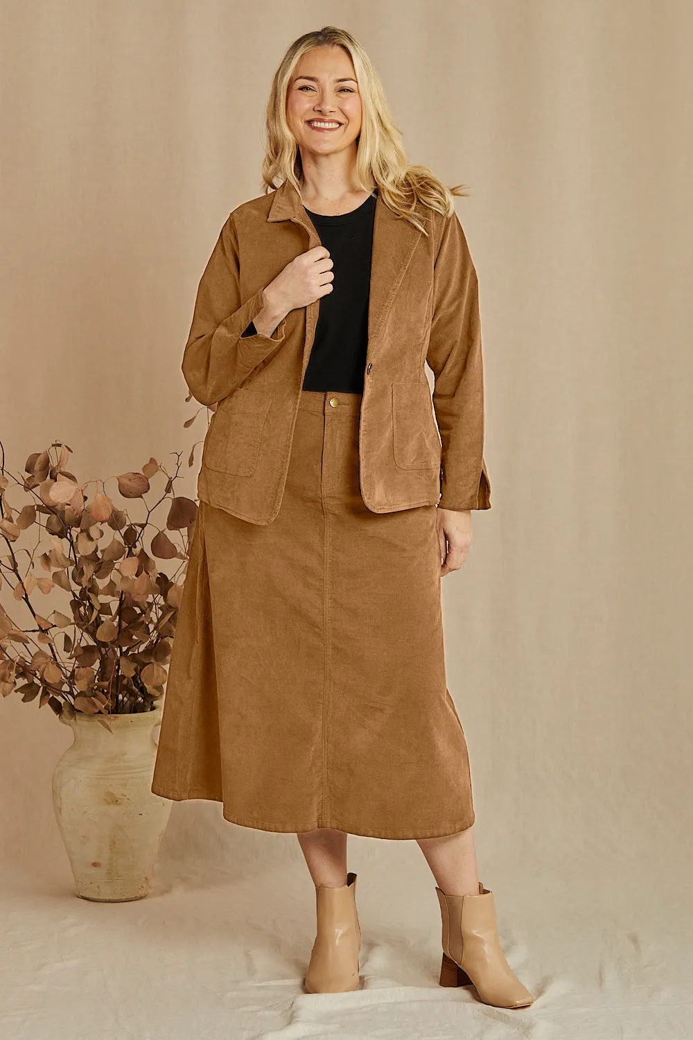 Adrift A-Line Brushed Cotton Skirt in Camel