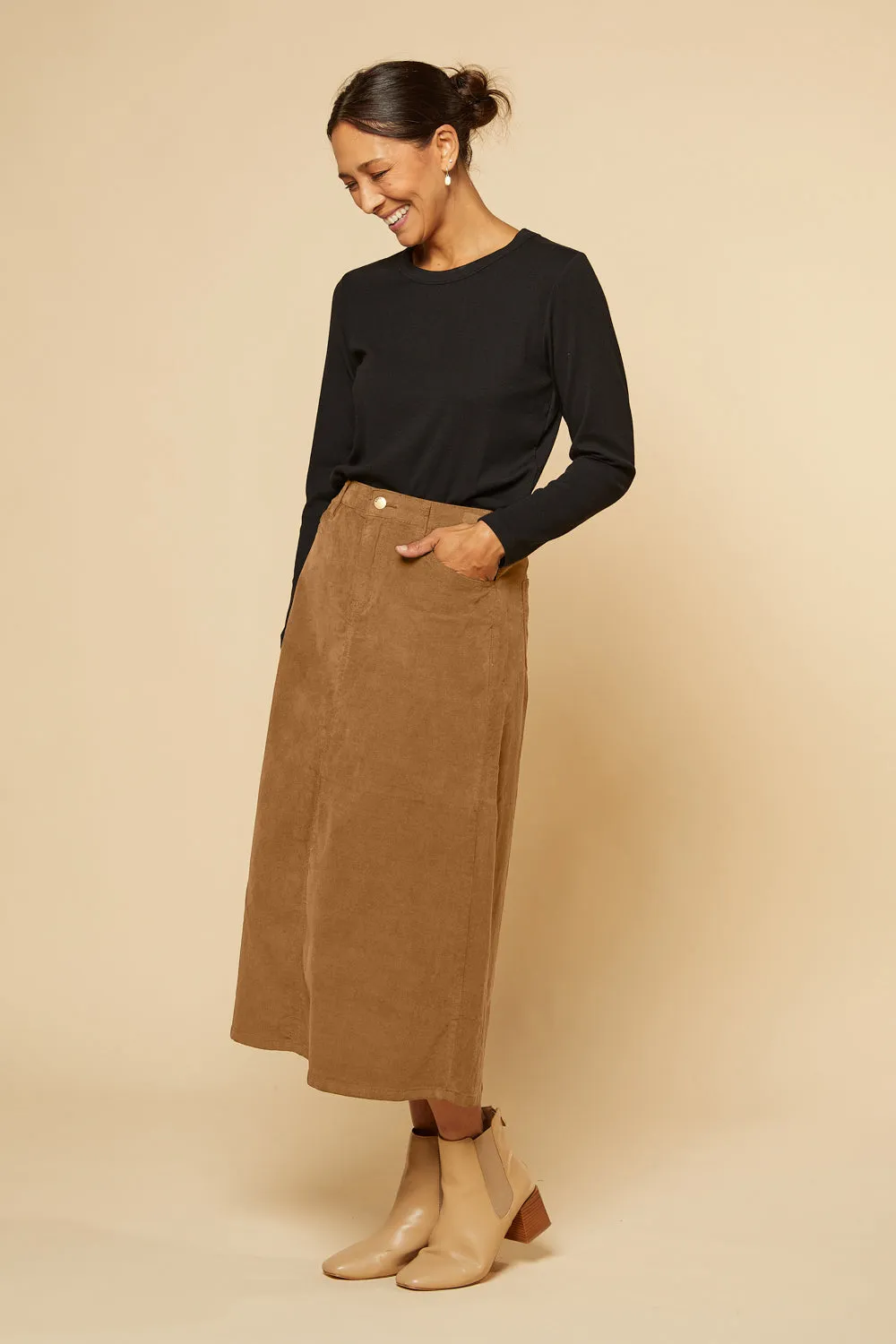 Adrift A-Line Brushed Cotton Skirt in Camel