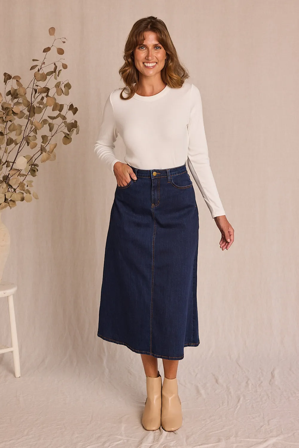 Adrift Denim A-Line Skirt in Dark Wash