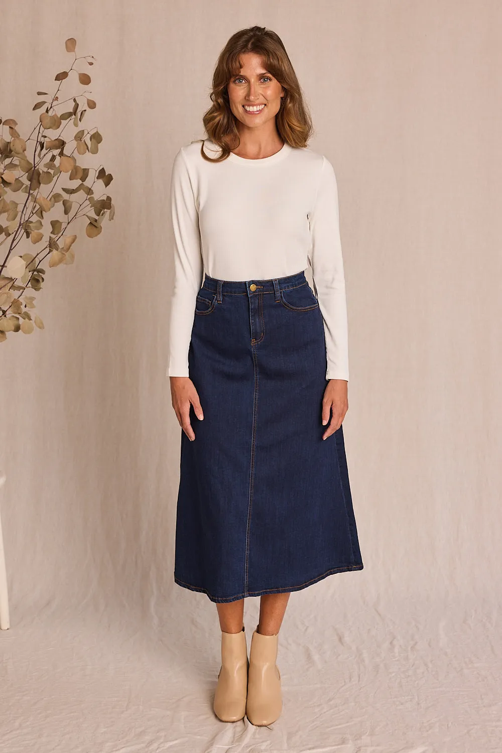 Adrift Denim A-Line Skirt in Dark Wash