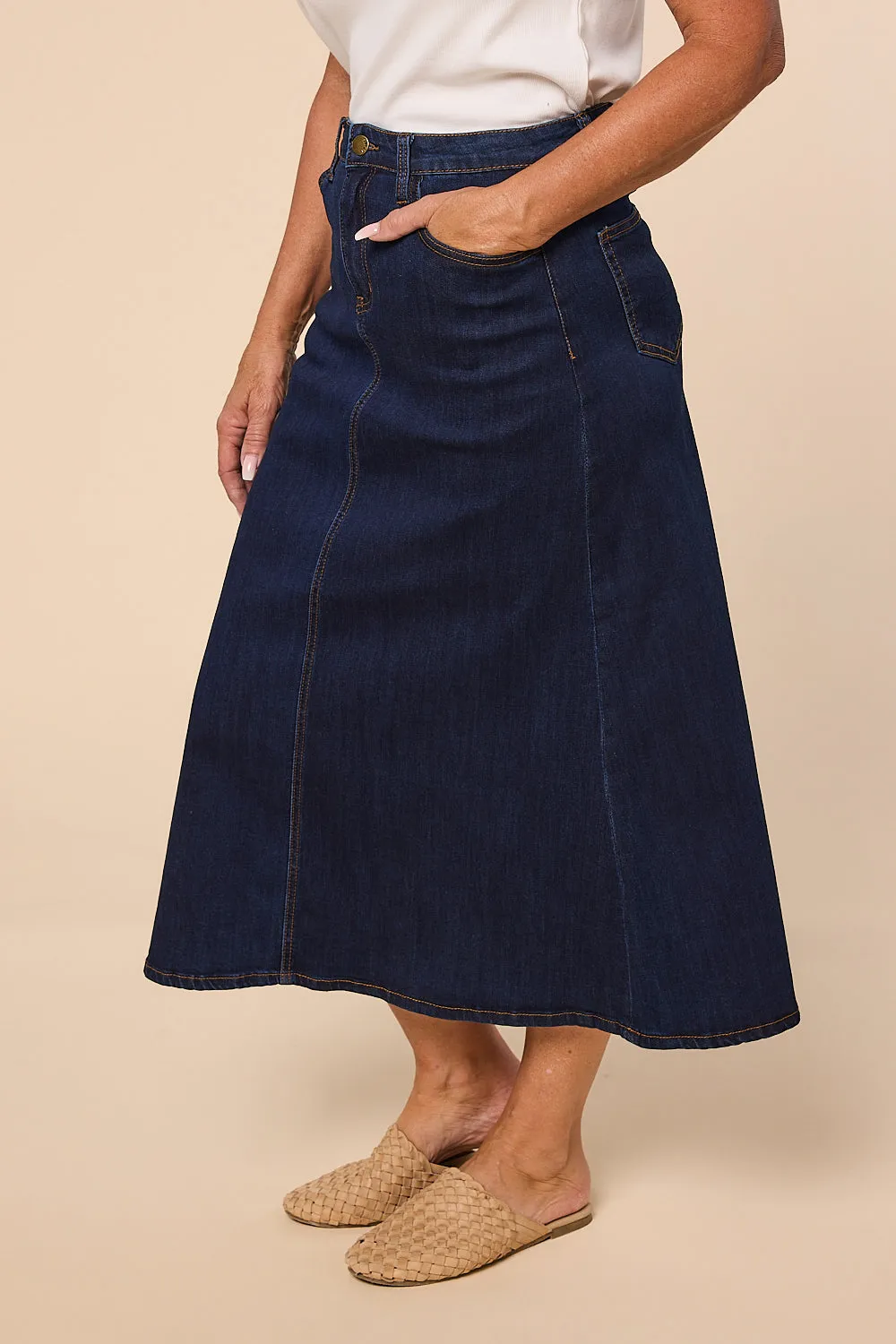 Adrift Denim A-Line Skirt in Dark Wash