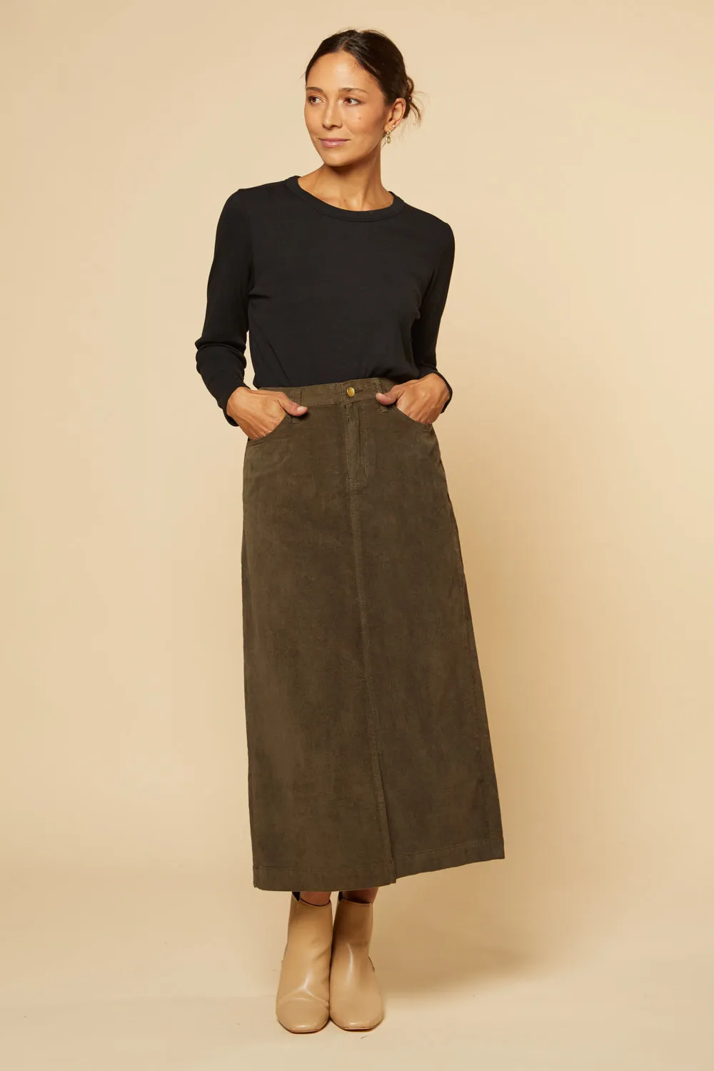 Adrift Split Brushed Cotton Skirt in Olive