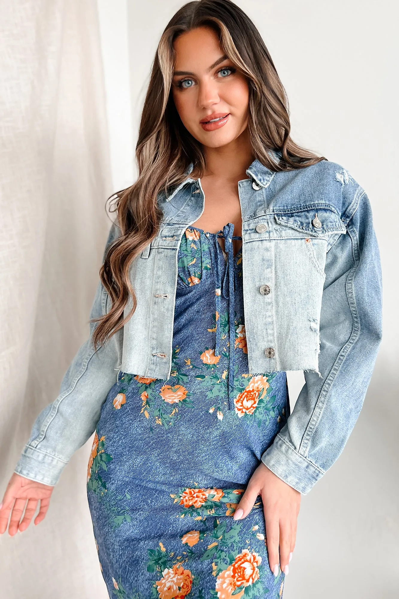 Ain't Looking For Love Half Wash Denim Crop Jacket (Blue)