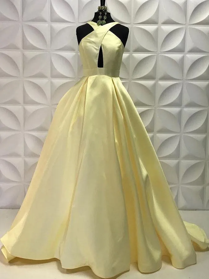 Alluring Satin Halter Neckline Sweep Train A-line Prom Dress PD205