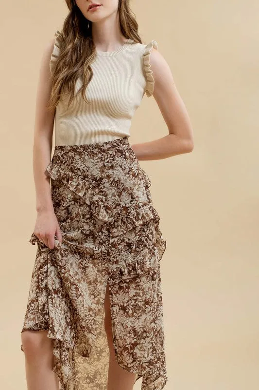 ALYSSA FLORAL RUFFLE WRAP HANDKERCHIEF MIDI SKIRT