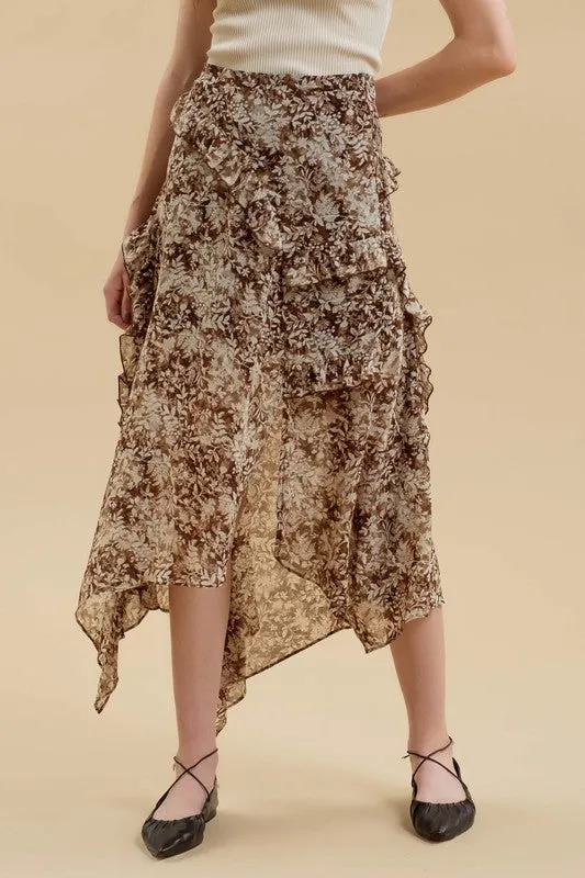 ALYSSA FLORAL RUFFLE WRAP HANDKERCHIEF MIDI SKIRT